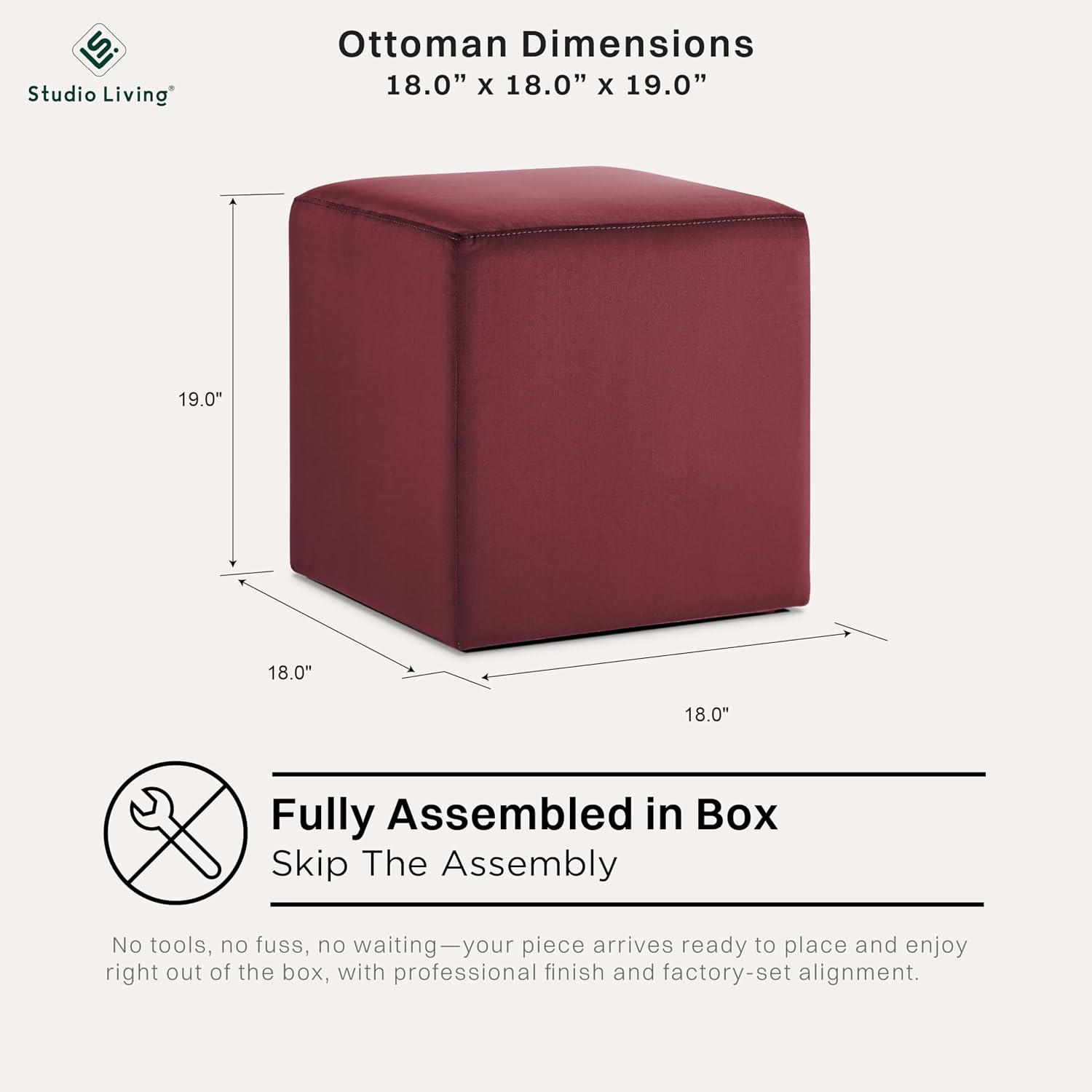 Studio Living® 18” Warren Ottoman Square Soft Velvet Bench, Stationary Ottomans, Backless Chair, Footrest for Living Room, Footstool Office, Bedroom, Padded Seat, Plum