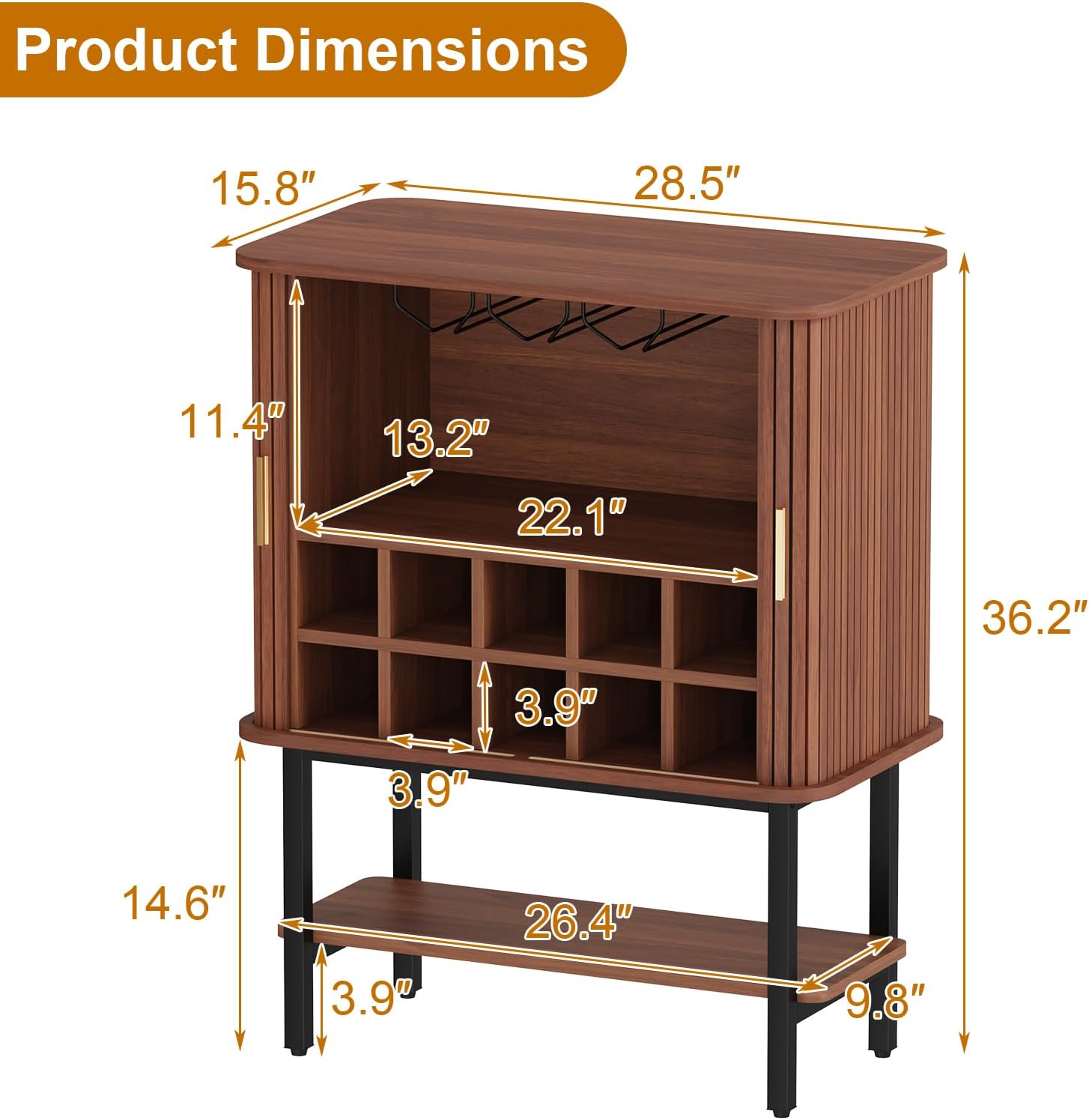 Wine Cabinet with Storage, Liquor Cabinet with Sliding Doors & Open Wine Rack, Fluted Wine Bar Cabinet with Glass Holder, Coffee bar Cabinet for Dining Room, Living Room & Entryway (Brown)