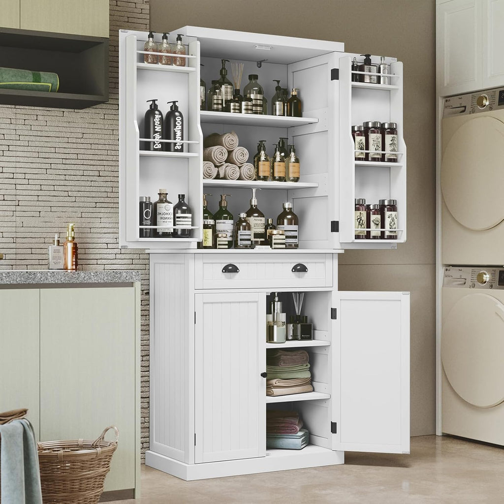 ARTPOWER 72" Pantry Storage Cabinet with Drawer, Freestanding Tall Cupboard Storage Cabinet, Utility Pantry with Door Shelves and 2 Adjustable Shelves for Kitchen, Dining Room,Living Room, White