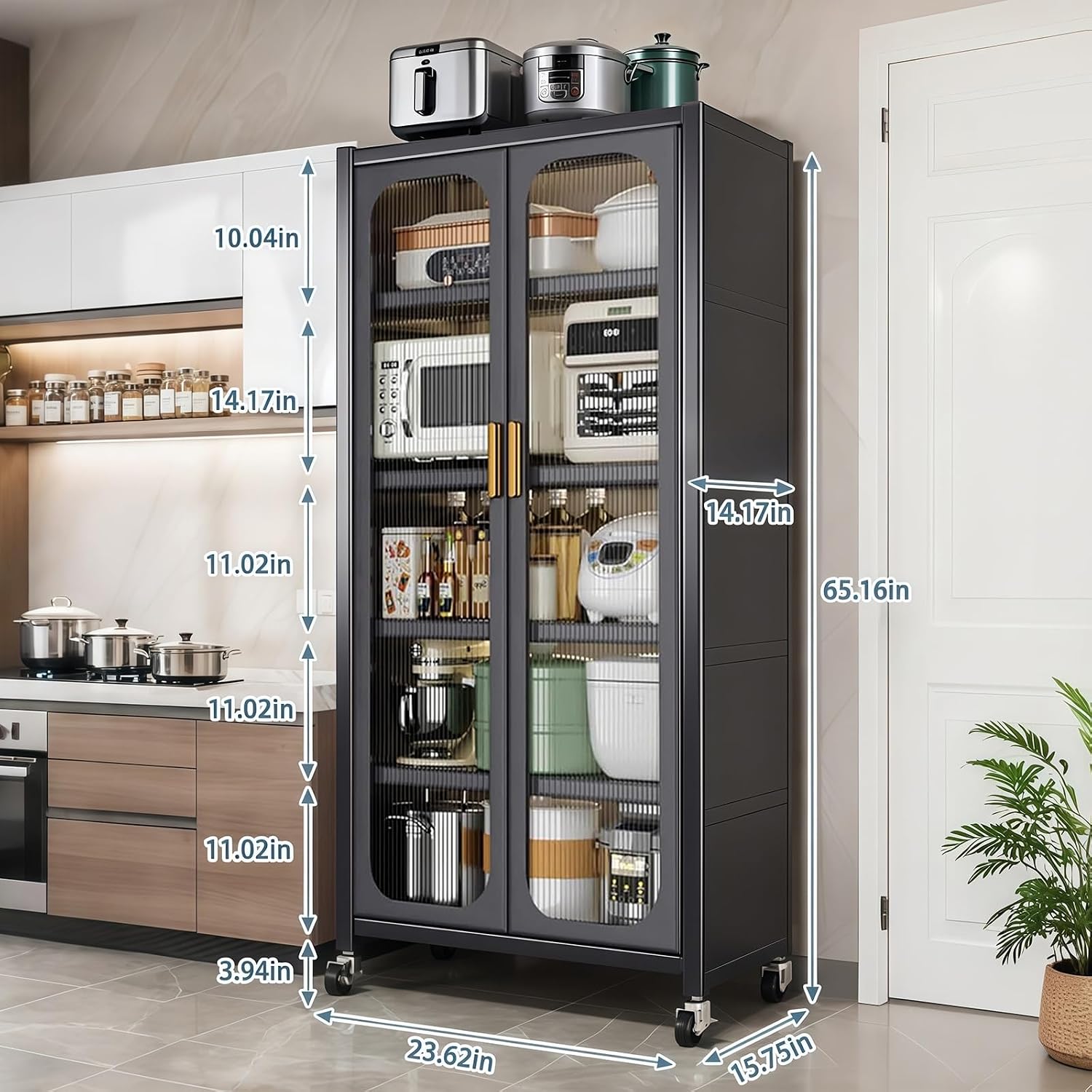 Kitchen Pantry Storage Cabinet, Gray 6 Tier Metal Display Cabinet with Transparent Double Doors, Adjustable Shelves & 360° Lockable Wheels, Easy Assembly, 65.16" W×23.62" D×15.75" H