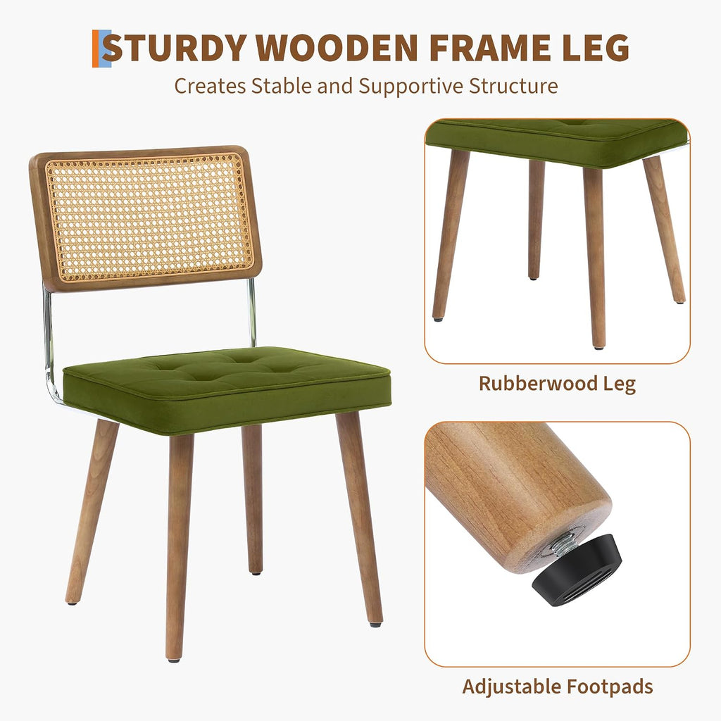 GarveeHome Natural Rattan Dining Chairs Set of 4, Velvet Upholstered Kitchen Chairs with Tall Cane Backrest and Strong Wood Legs for Dining Room, Kitchen, Restaurant, Green