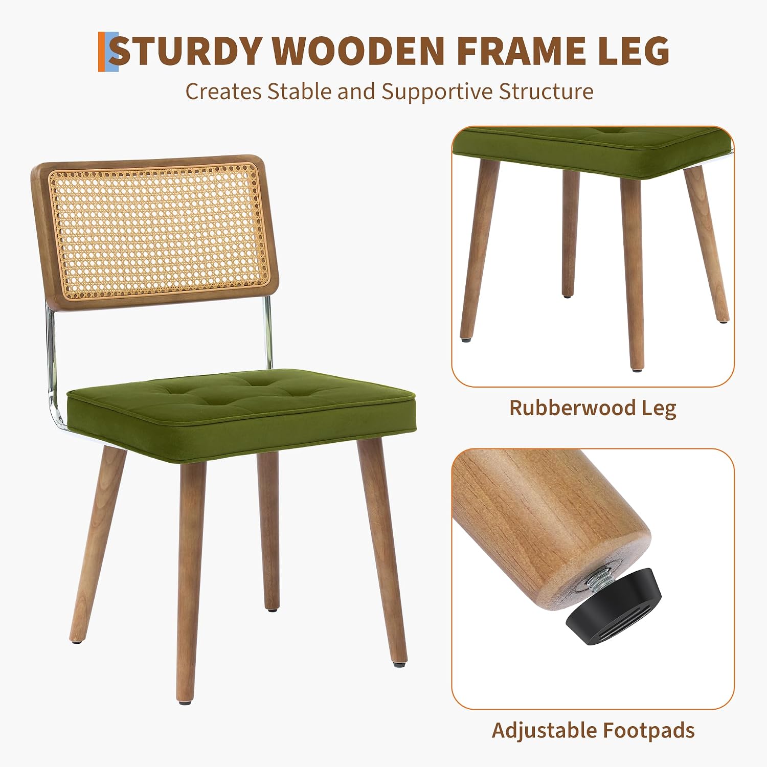 GarveeHome Natural Rattan Dining Chairs Set of 4, Velvet Upholstered Kitchen Chairs with Tall Cane Backrest and Strong Wood Legs for Dining Room, Kitchen, Restaurant, Green