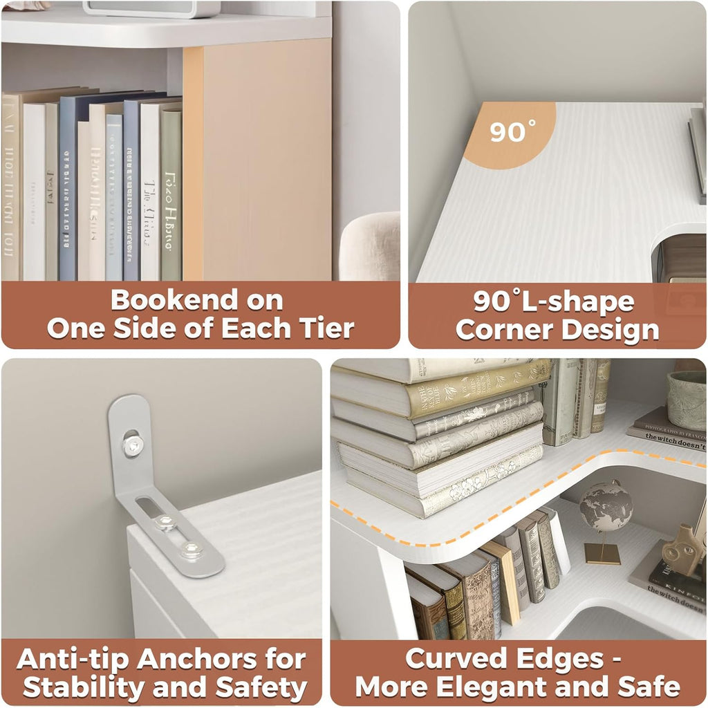 Besiost Corner Book Shelf, 6-Shelf Corner Bookshelf for Small Corner Spaces, L-Shape Bookcase Corner Display Shelf for Home Office, Living Room, Bedroom, White