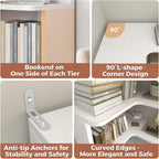 Besiost Corner Book Shelf, 6-Shelf Corner Bookshelf for Small Corner Spaces, L-Shape Bookcase Corner Display Shelf for Home Office, Living Room, Bedroom, White