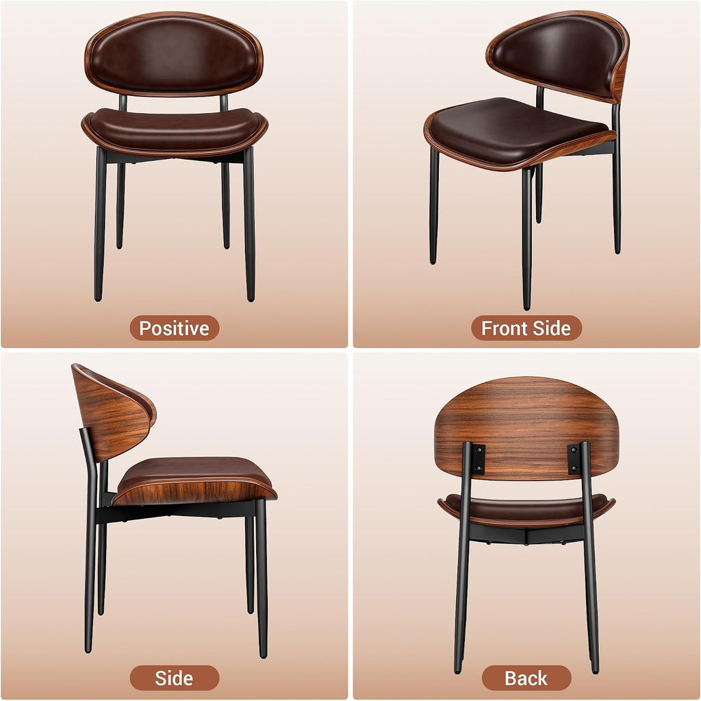 YaFiti Dining Chairs Set of 6, Dining Room and Kitchen Chairs, Mid Century Modern Retro Chair, Upholstered PU Leather Chairs for Vanity with Walnut Bentwood and Metal Legs(Brown)