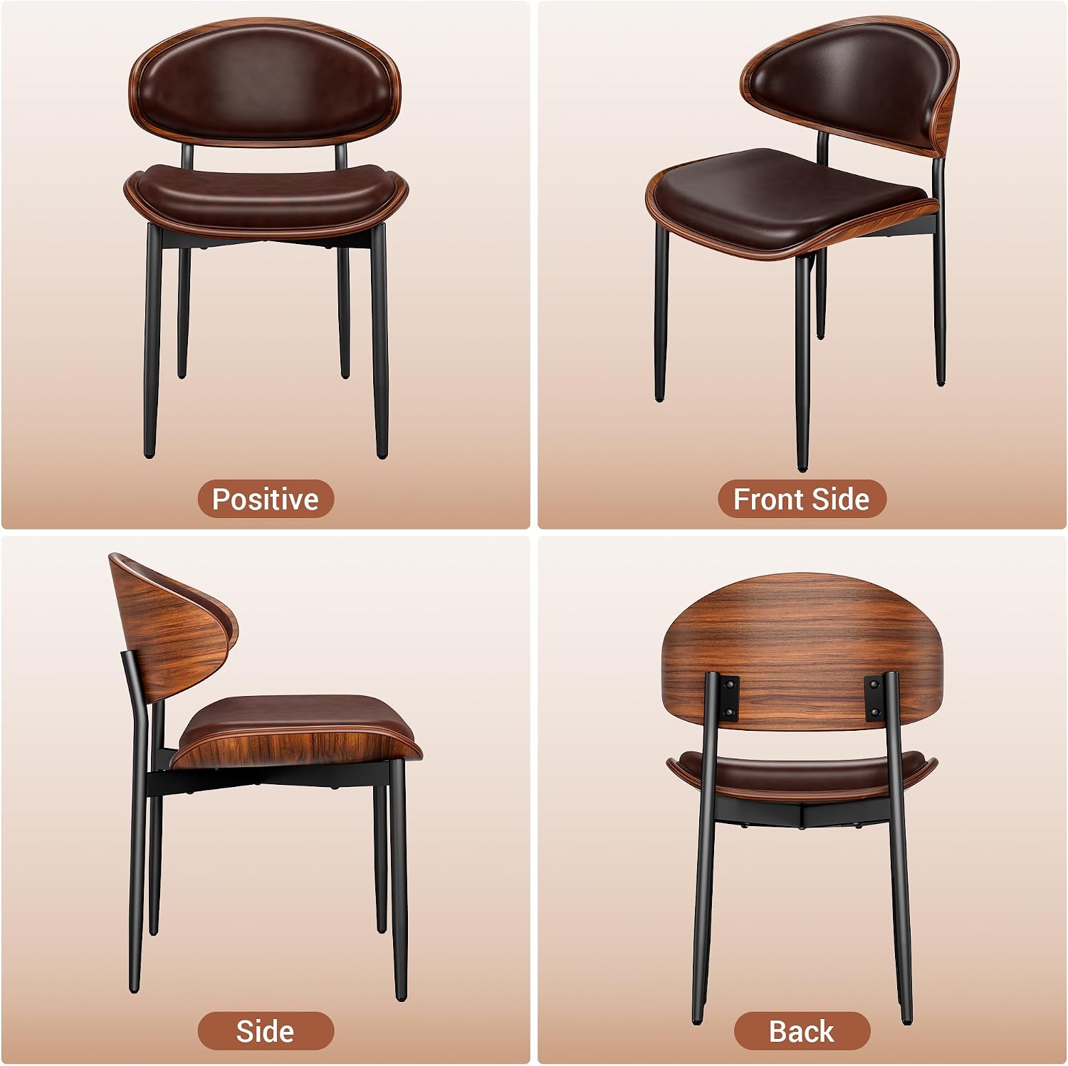 YaFiti Dining Chairs Set of 6, Dining Room and Kitchen Chairs, Mid Century Modern Retro Chair, Upholstered PU Leather Chairs for Vanity with Walnut Bentwood and Metal Legs(Brown)