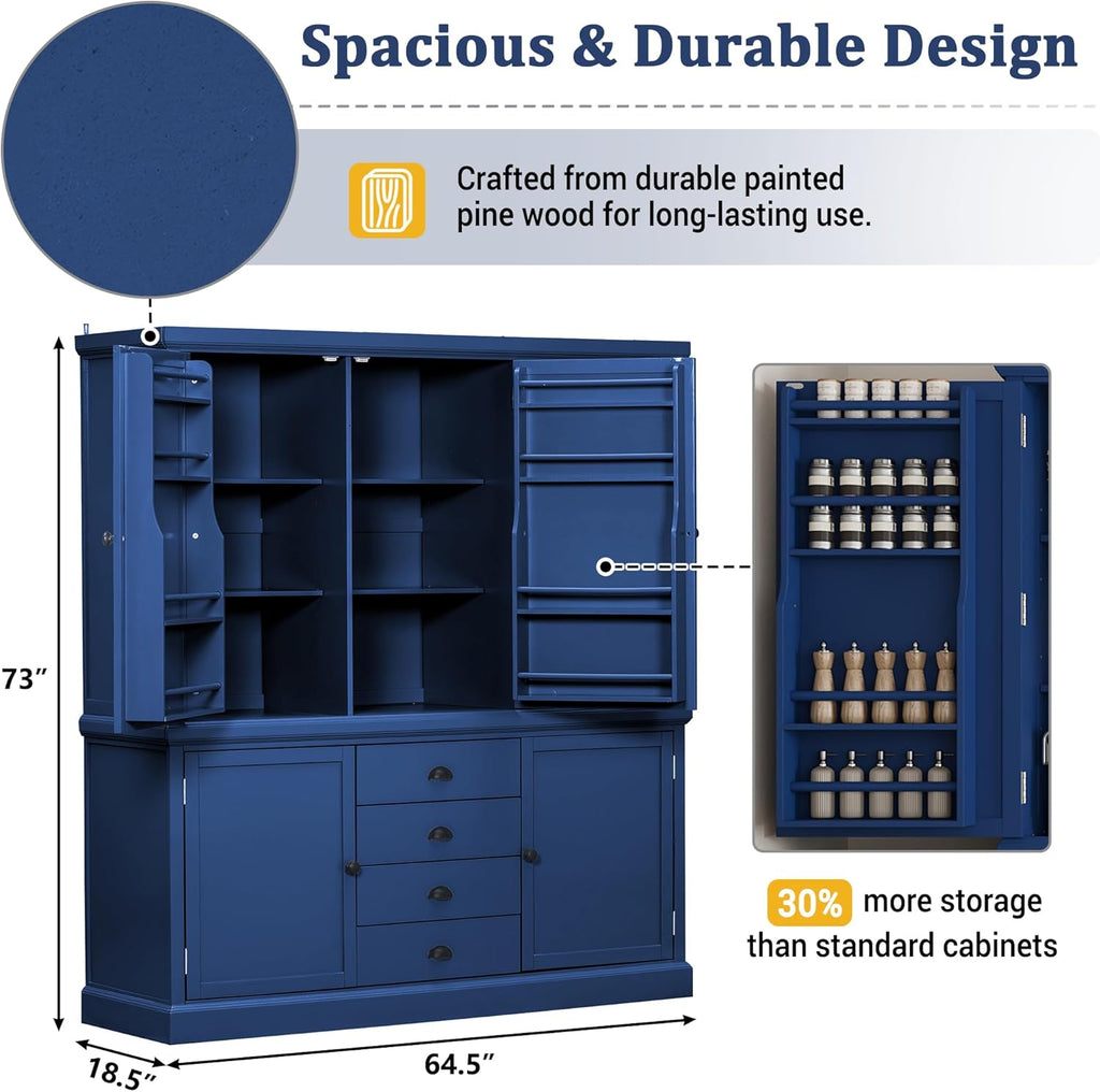 73" H Large Kitchen Pantry with Storage, Freestanding Wooden Cupboard with 4 Drawers,Cabinet Door Organizers and Adjustable Shelves for Kitchen, Dining Room, Blue