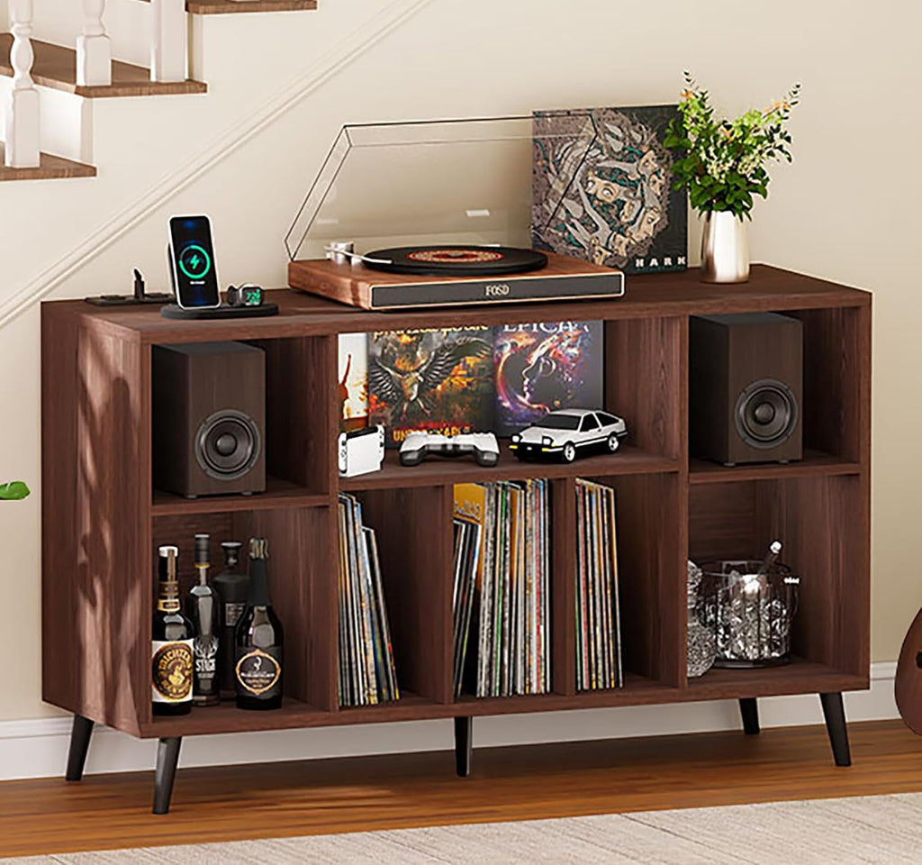 Record Player Stand, Record Stands with Record Storage, Vinyl Record Storage with Charging Station & USB Ports, 500+ Vinyl Large Mid Century Modern Record Player Stand and Album Cabinet
