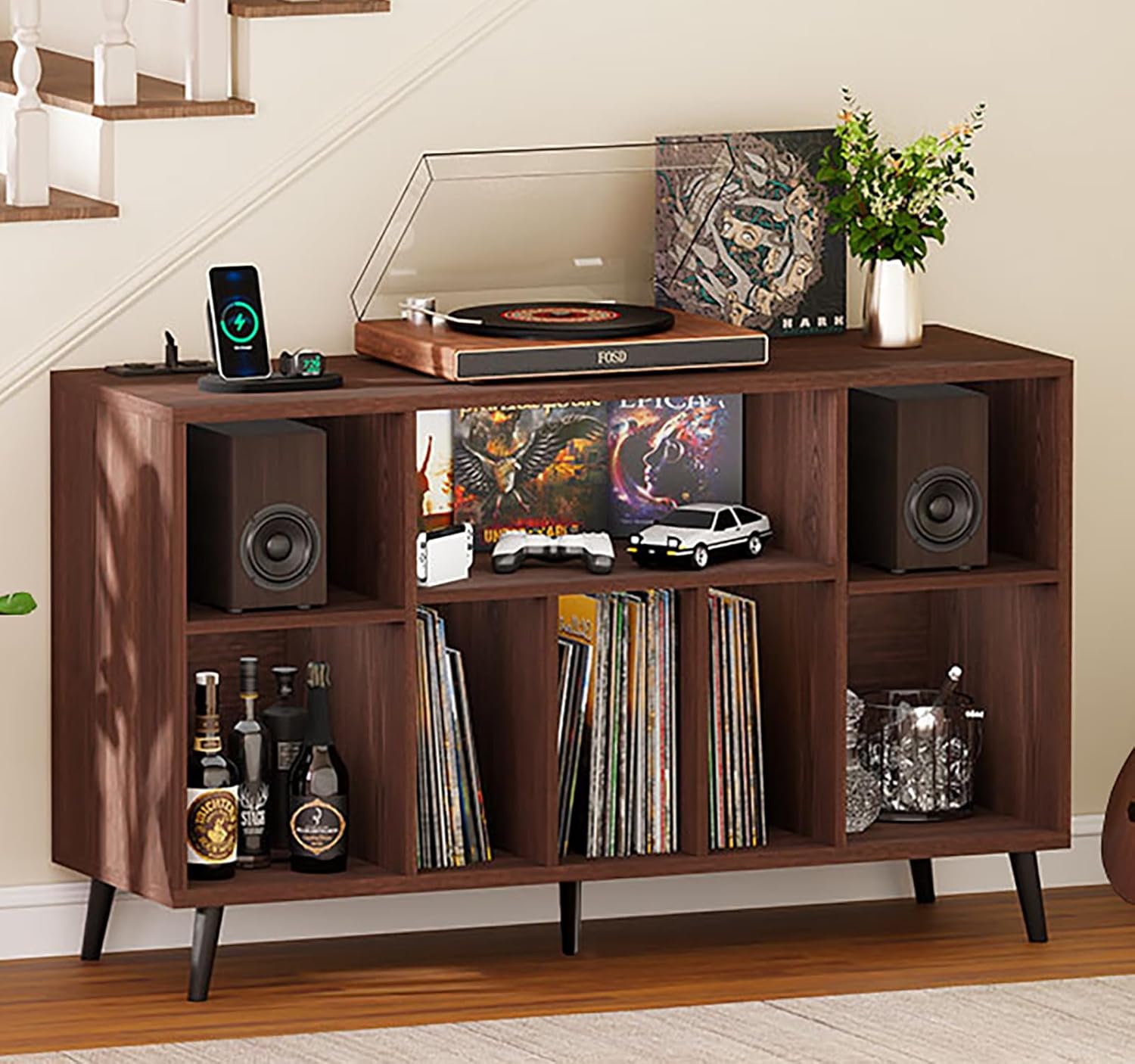 Record Player Stand, Record Stands with Record Storage, Vinyl Record Storage with Charging Station & USB Ports, 500+ Vinyl Large Mid Century Modern Record Player Stand and Album Cabinet