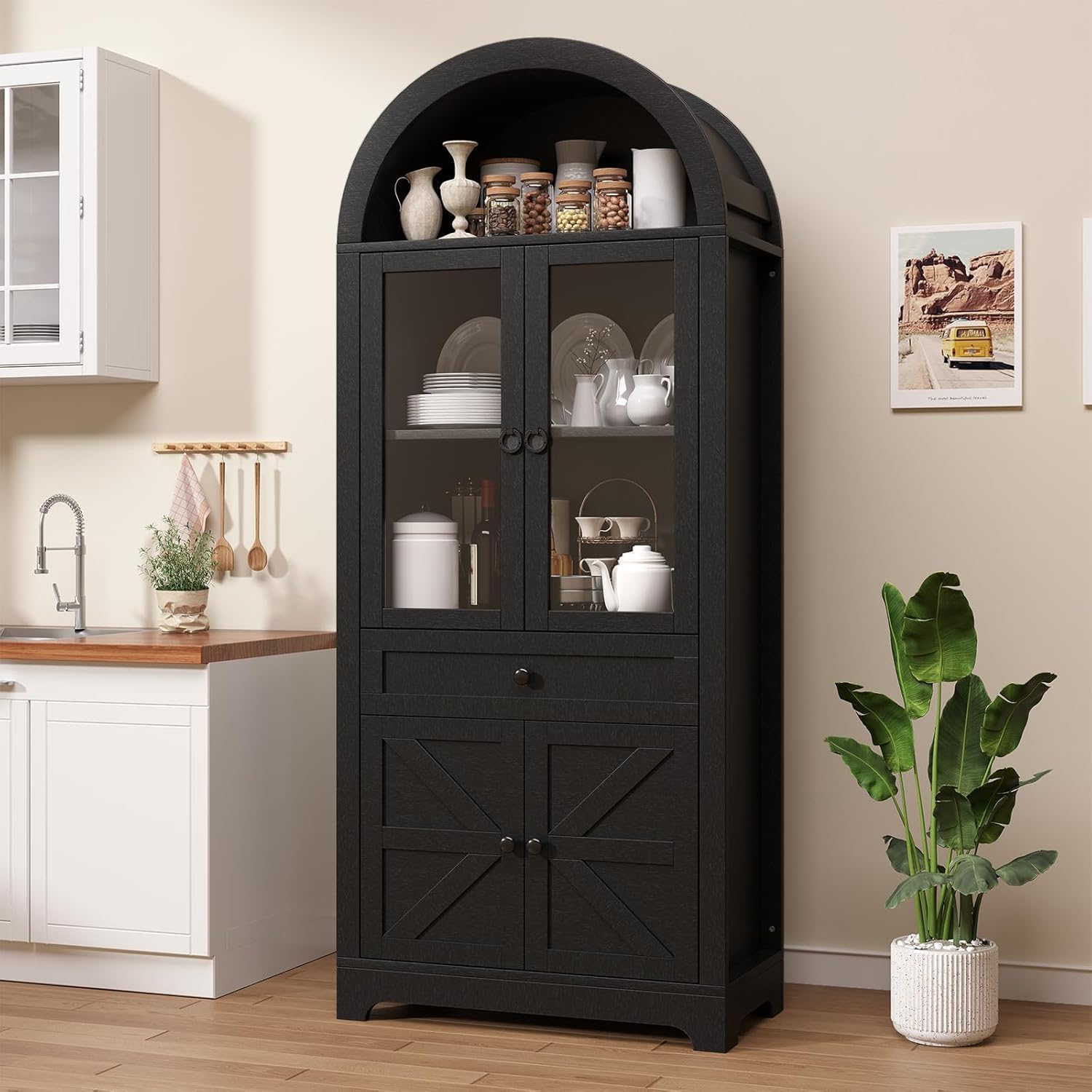 71" Tall Farmhouse Arched Storage Cabinet with Glass Door, Drawer and Barn Door, Versatile Pantry for Kitchen, Bathroom, Dining Room, Black