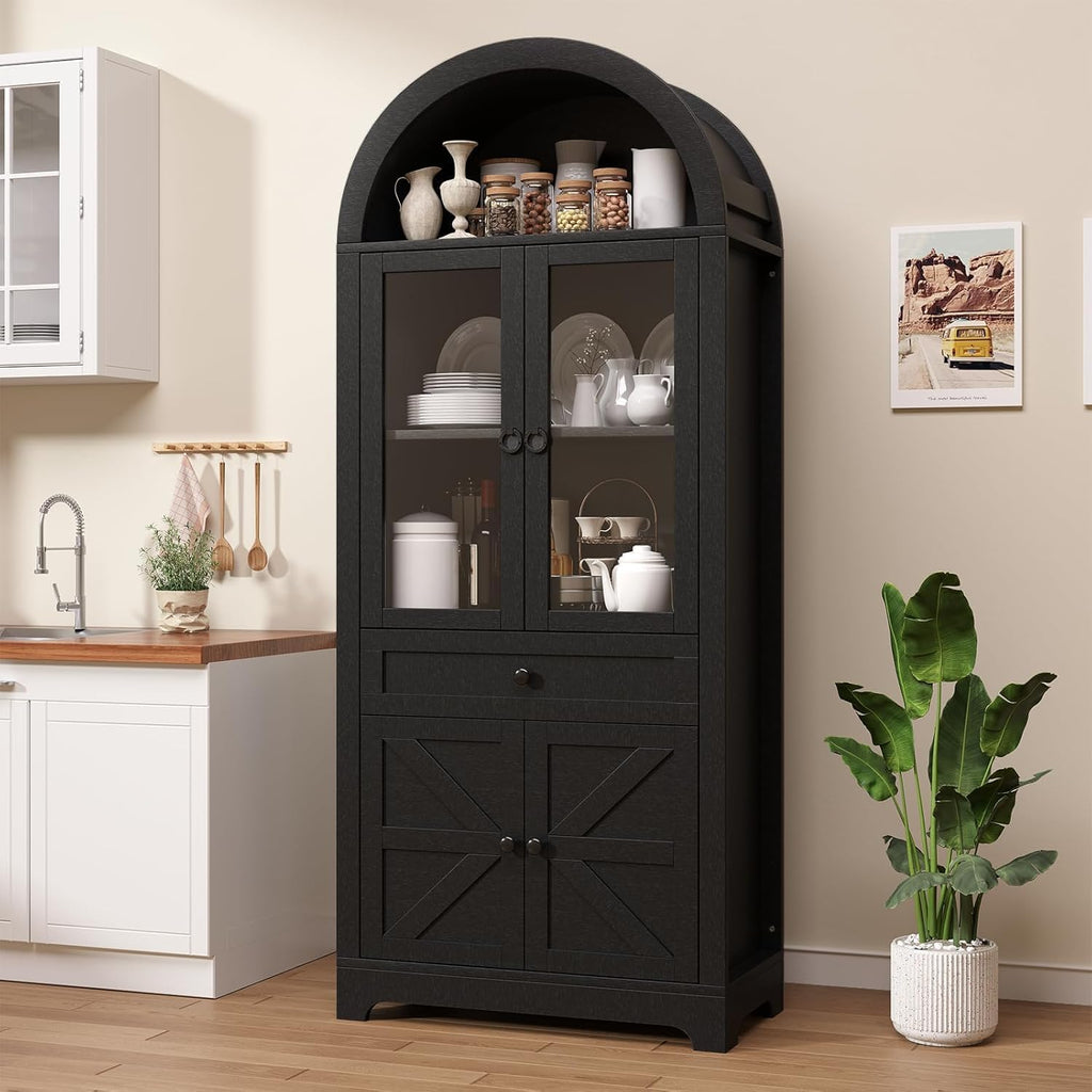 71" Tall Farmhouse Arched Storage Cabinet with Glass Door, Drawer and Barn Door, Versatile Pantry for Kitchen, Bathroom, Dining Room, Black