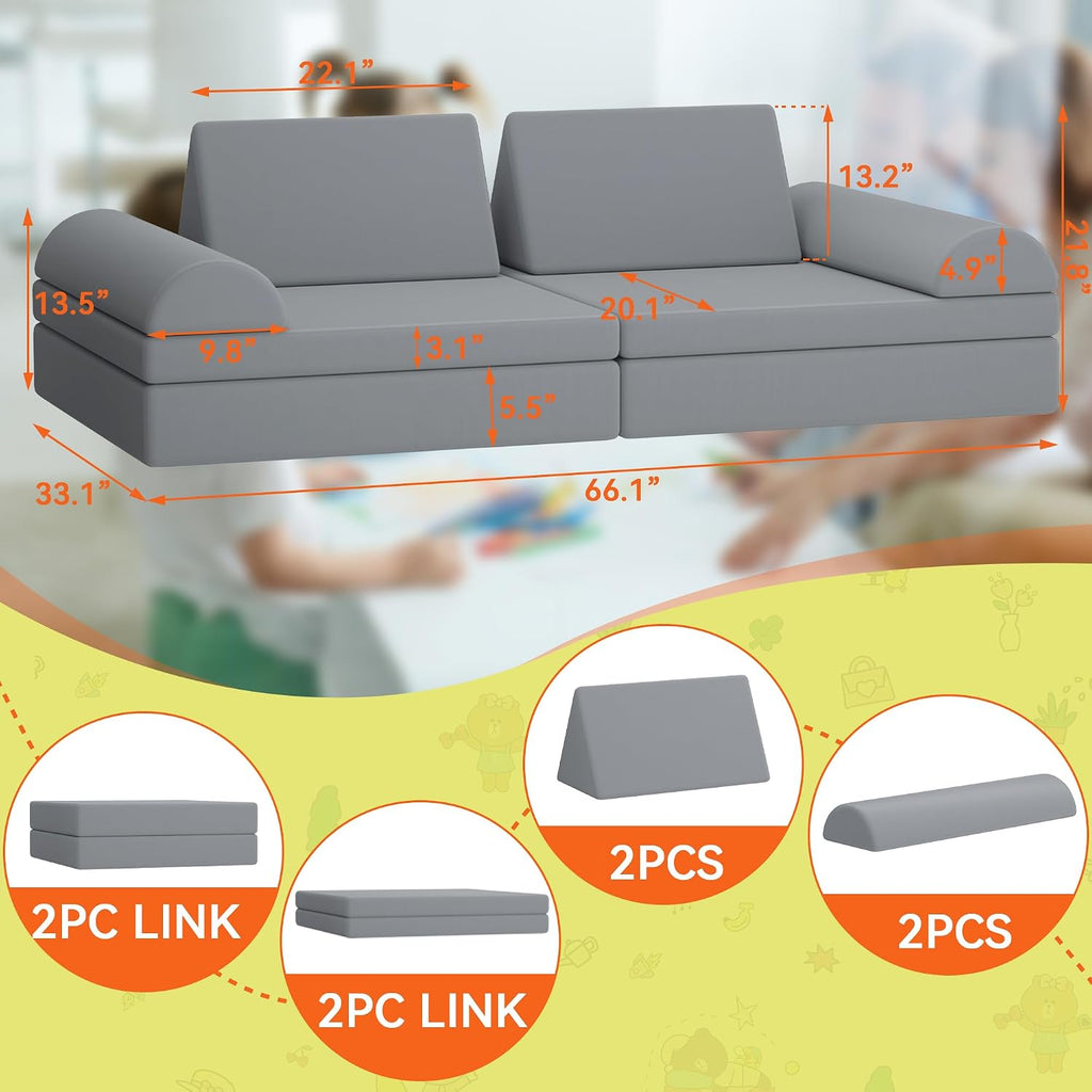 Modular Kids Play Couch 8PCS,Convertible Sofa for Toddler and Baby,Kids Couch Building Fort,Multifunctional Foam Sofa for Playroom,Large Size
