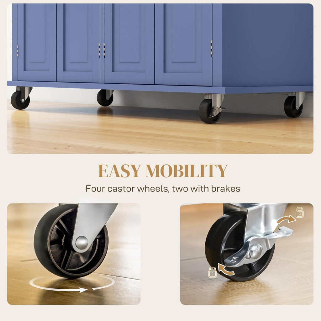 HOMCOM Kitchen Island Cart with Solid Wood Top, 44" Mobile Kitchen Island Table on Wheels with Storage Cabinets, 2 Drawers, Adjustable Shelves, Spice Rack & Towel Bar for Dining Room, Navy Blue