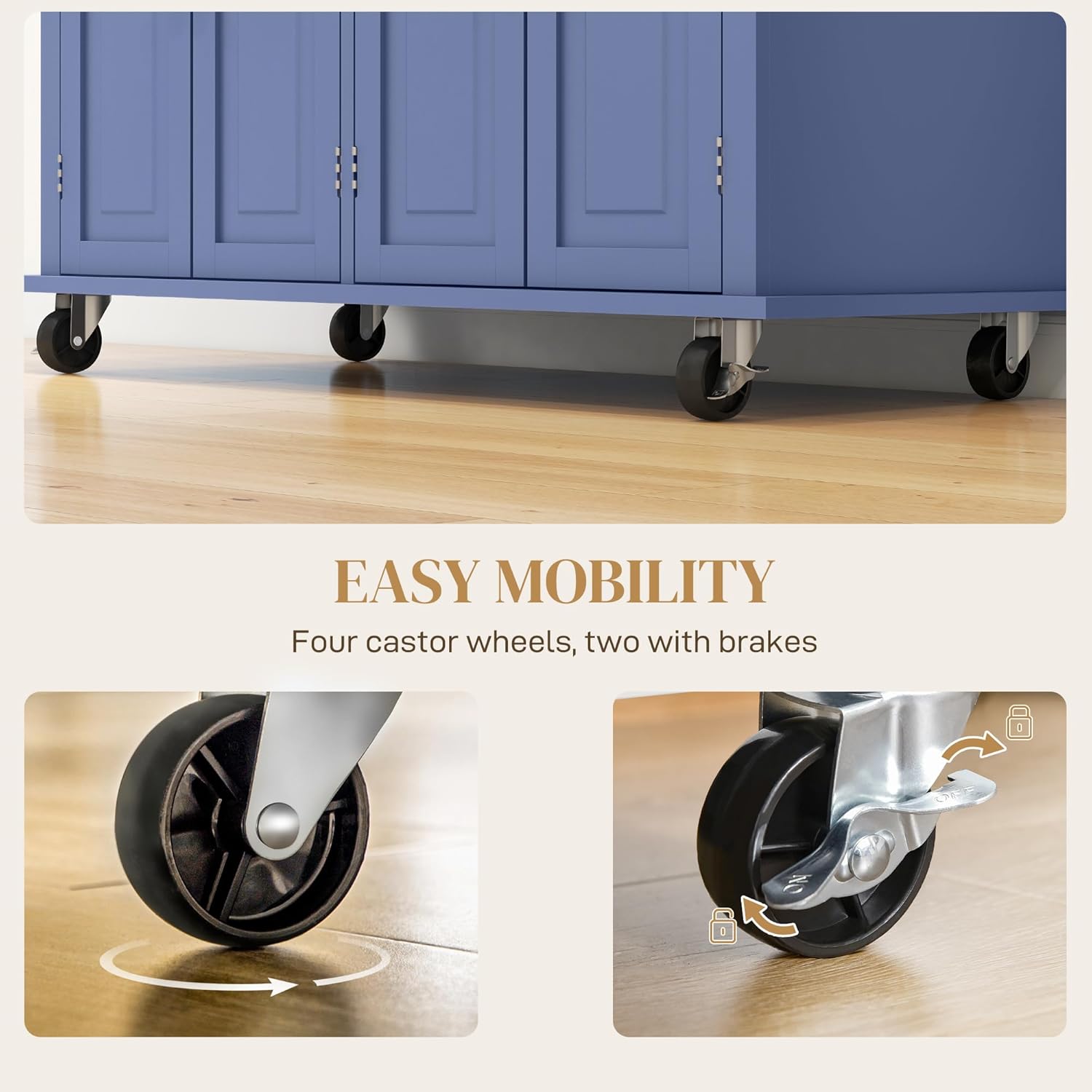 HOMCOM Kitchen Island Cart with Solid Wood Top, 44" Mobile Kitchen Island Table on Wheels with Storage Cabinets, 2 Drawers, Adjustable Shelves, Spice Rack & Towel Bar for Dining Room, Navy Blue