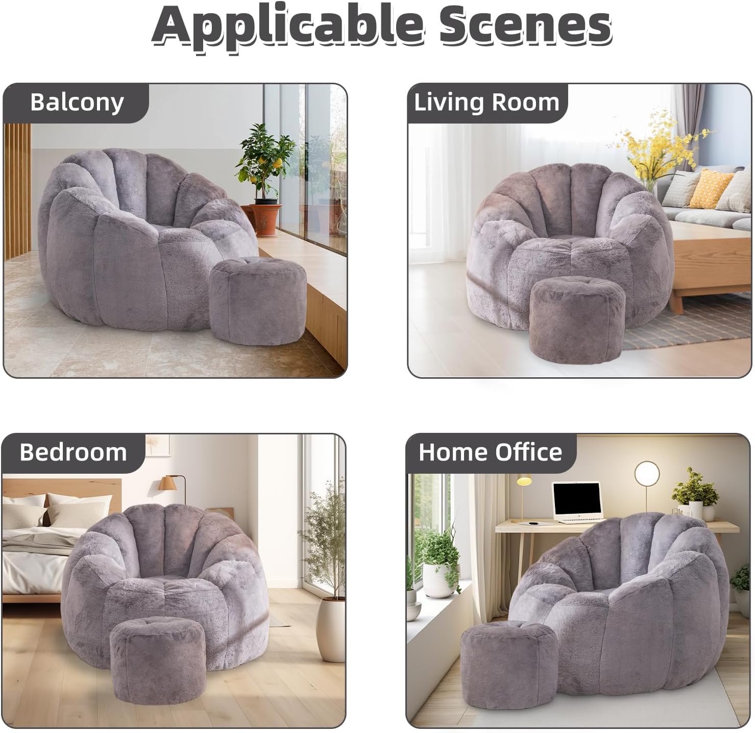 Bean Bag Chair, Bean Bag Chair with Ottoman, Stuffed Bean Bag Chairs with Filler, Big Beanbag Chairs with Filling for Living Room (Faux Fur in Gray, 40.6" D×41.4" W×27.6" H)