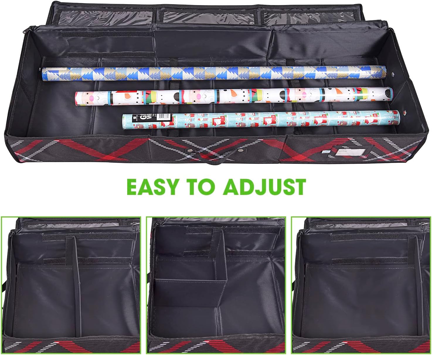 Propik Wrapping Paper Storage Container | Gift Wrap Organizer Under Bed | 41”x14”x6” | Box Holder for 18-24 Rolls Up to 40” | 600D Oxford Material | Pockets for Ribbon, Bows and Accessories (Plaid)