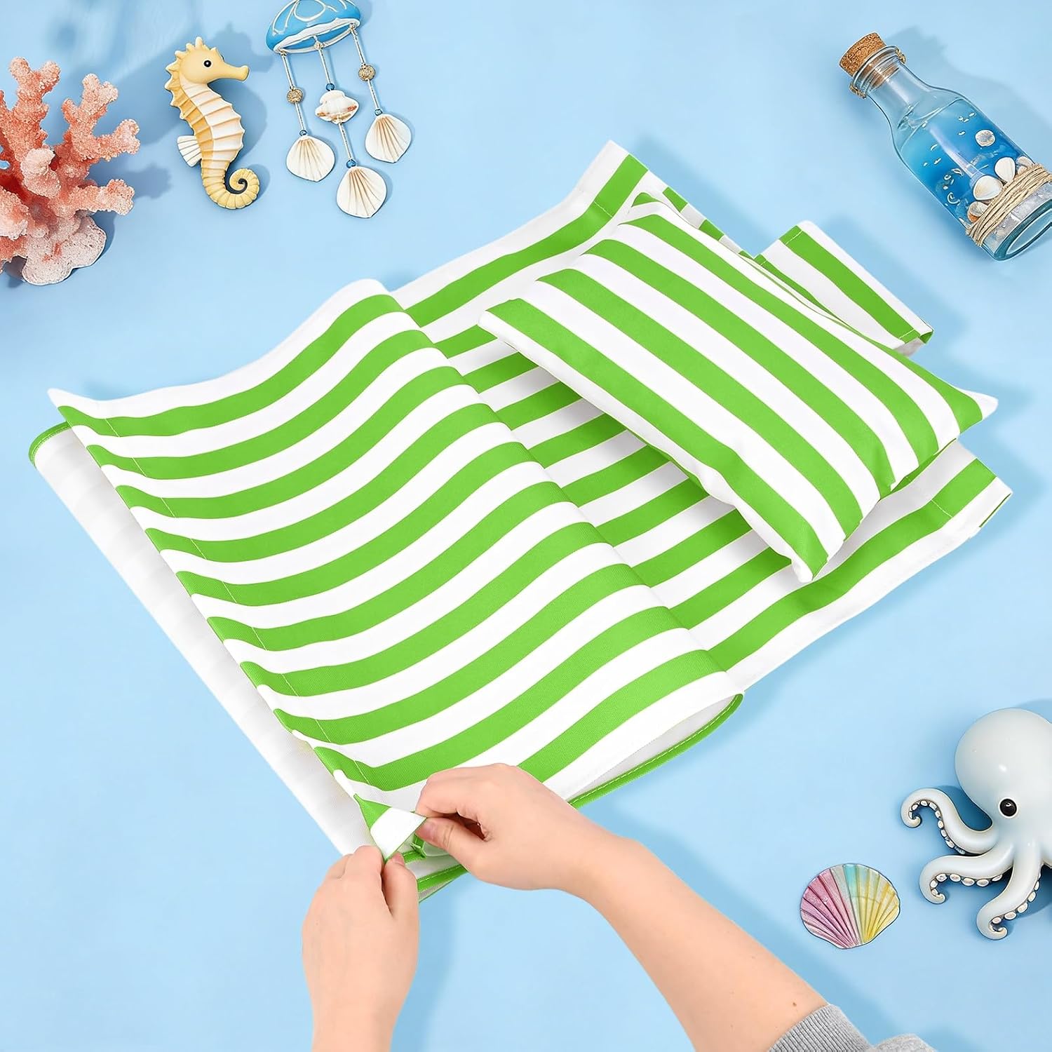 Beach Sling Chair Replacement Canvas, 16x44.5 Inch Folding Lounge Chair Fabric with Pillow for Beach/Sunbathing/Courtyard/Garden [Pinstripe Green, Only Replacement]