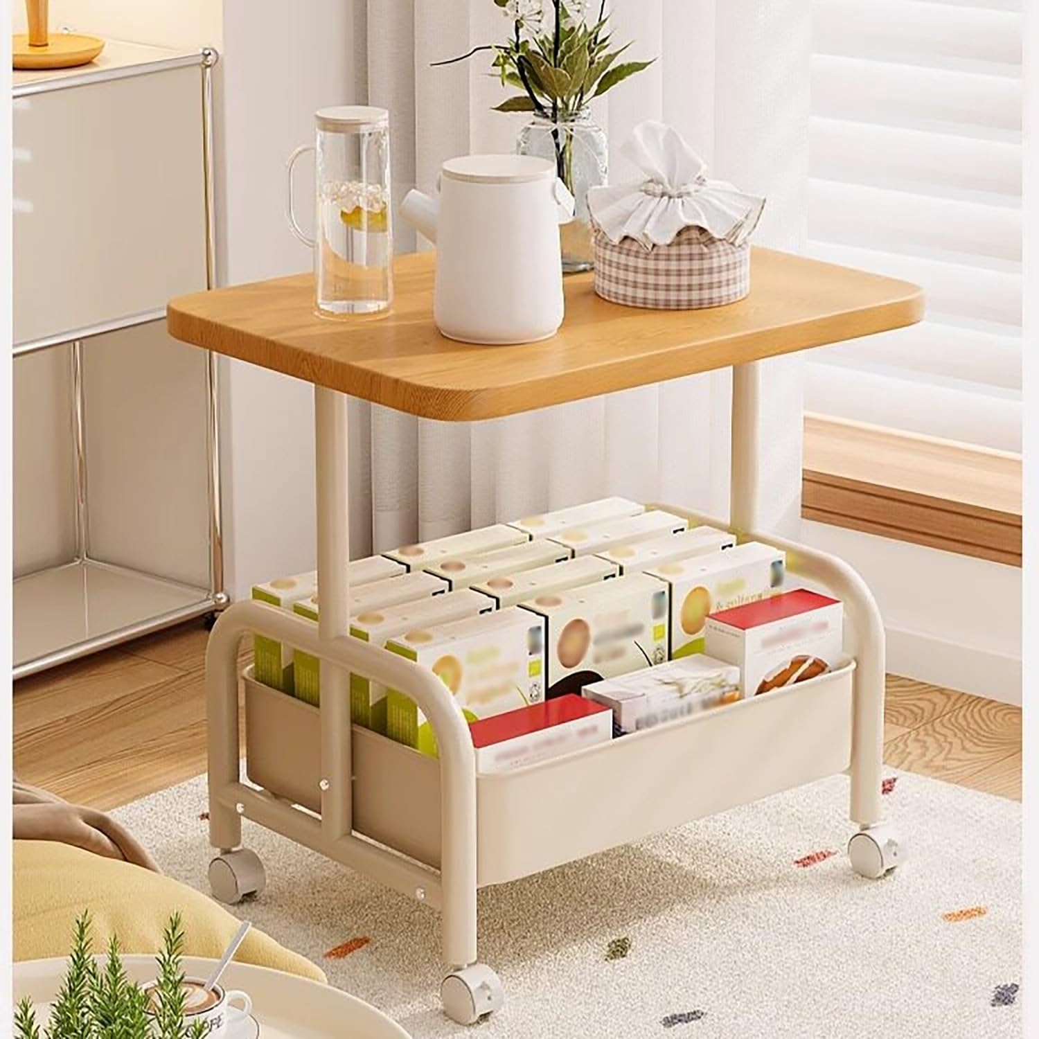 Rolling Sofa Side Table Cart, Movable Storage Nightstand, Multipurpose End Table Accent Cabinet for Living Room Bedroom Small Apartment(Primary,45x30cm)