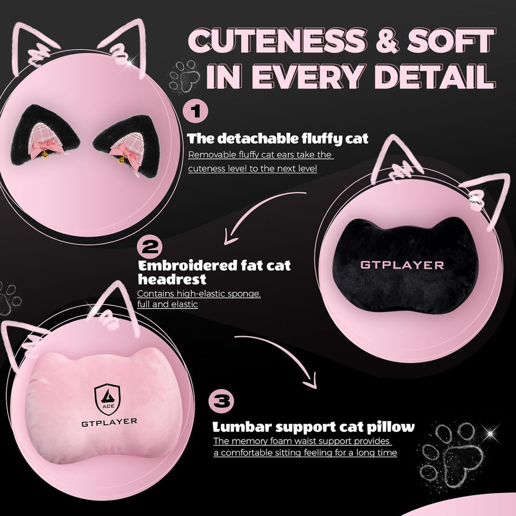Pink Gaming Chair Cute with Cat Ears Ergonomic Computer Chair with Cat Embroidery Adjustable Memory Foam Lumbar Support and Headrest Comfortable Reclining Office Chair for Girls, Teens, Women