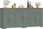 BOTLOG 71” Large Sideboard Buffet Cabinet with Storage, Farmhouse Kitchen Buffet Cabinet with Adjustable Shelves and 6 Barn Doors, Wood Coffee Wine Bar Console Table for Kitchen, Dining Room, Green