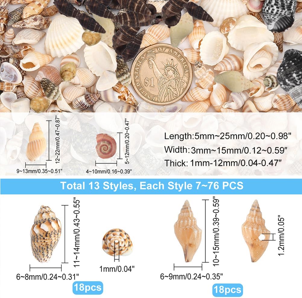 PH PandaHall Sea Shells, 466pcs 15 Style Spiral Shell Beads Undrilled Tiny Natural Sea Shell Ocean Spiral Seashells Miniature Shells for Resin Candle Party Wedding Decor Fish Tank Vase Filler, No Hole