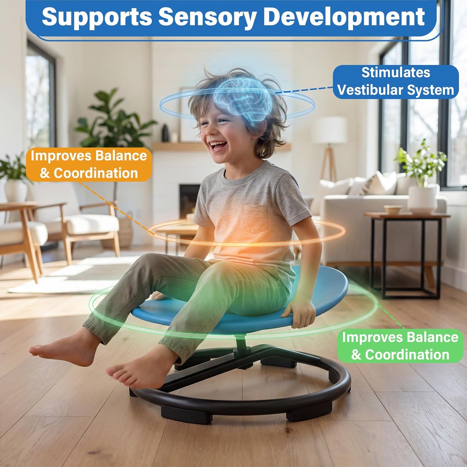 Spinning Chair for Autistic Kids, Sensory Swivel Chair with 360° Rotation, 220LBS Capacity, Non-Slip Base, Sit and Spin Toy for Children with ADHD, Balance and Coordination (Blue)