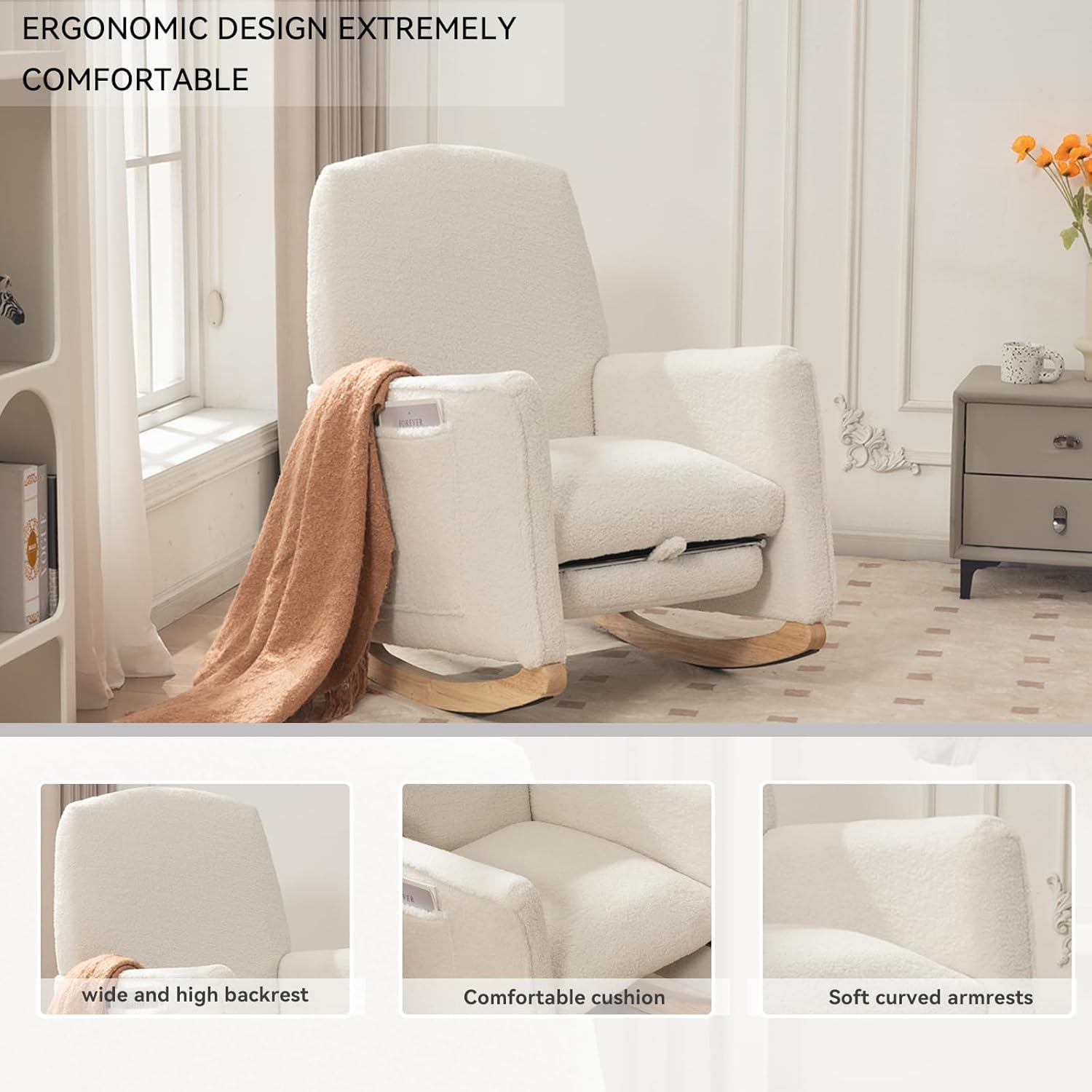 FOXHUNTER Rocking Chair Nursery with Adjustable Footrest and High Backrest, Upholstered Glider Chairs with Side Pockets for Nursery, Rocker Armchair Indoor for Living Room,White