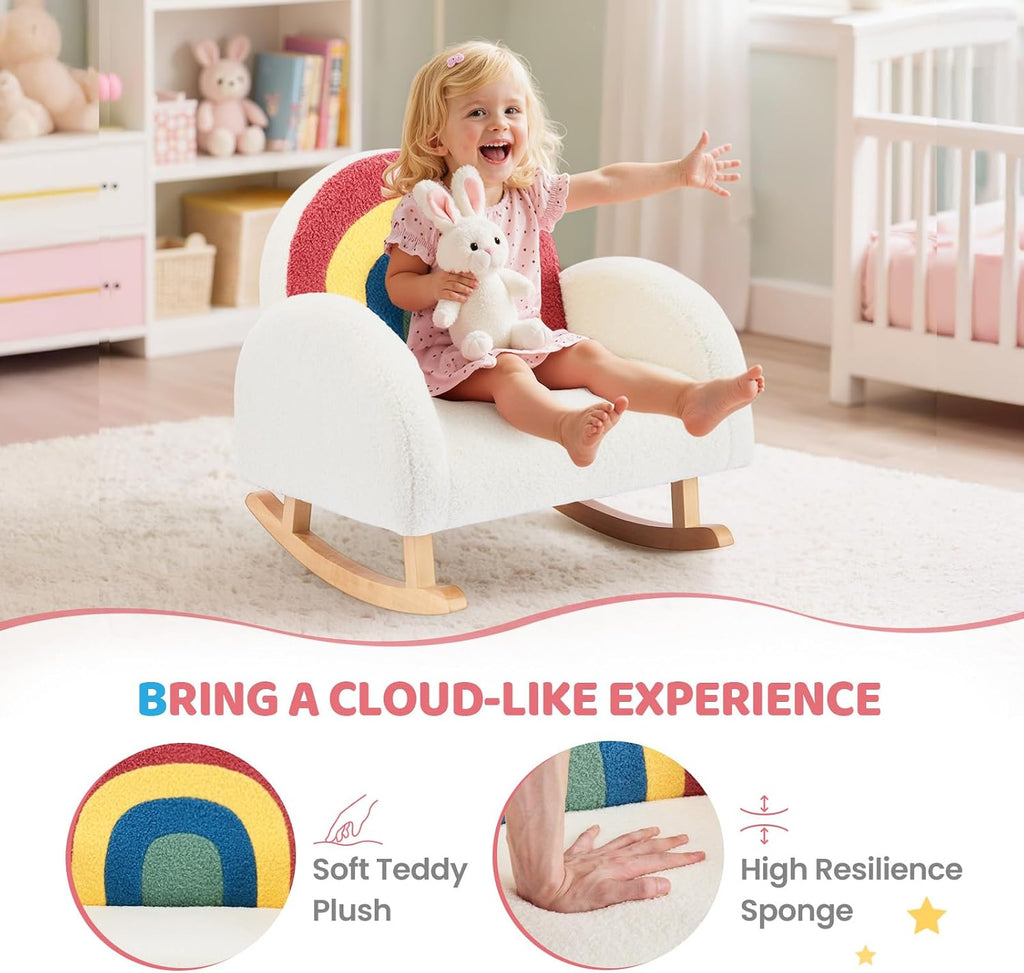 JOYMOR Kids Chair, Teddy Fleece Toddler Rocking Chair with Solid Wood Legs, Anti-Tip Design, Kids Sofa for Nursery, Playroom, Rainbow