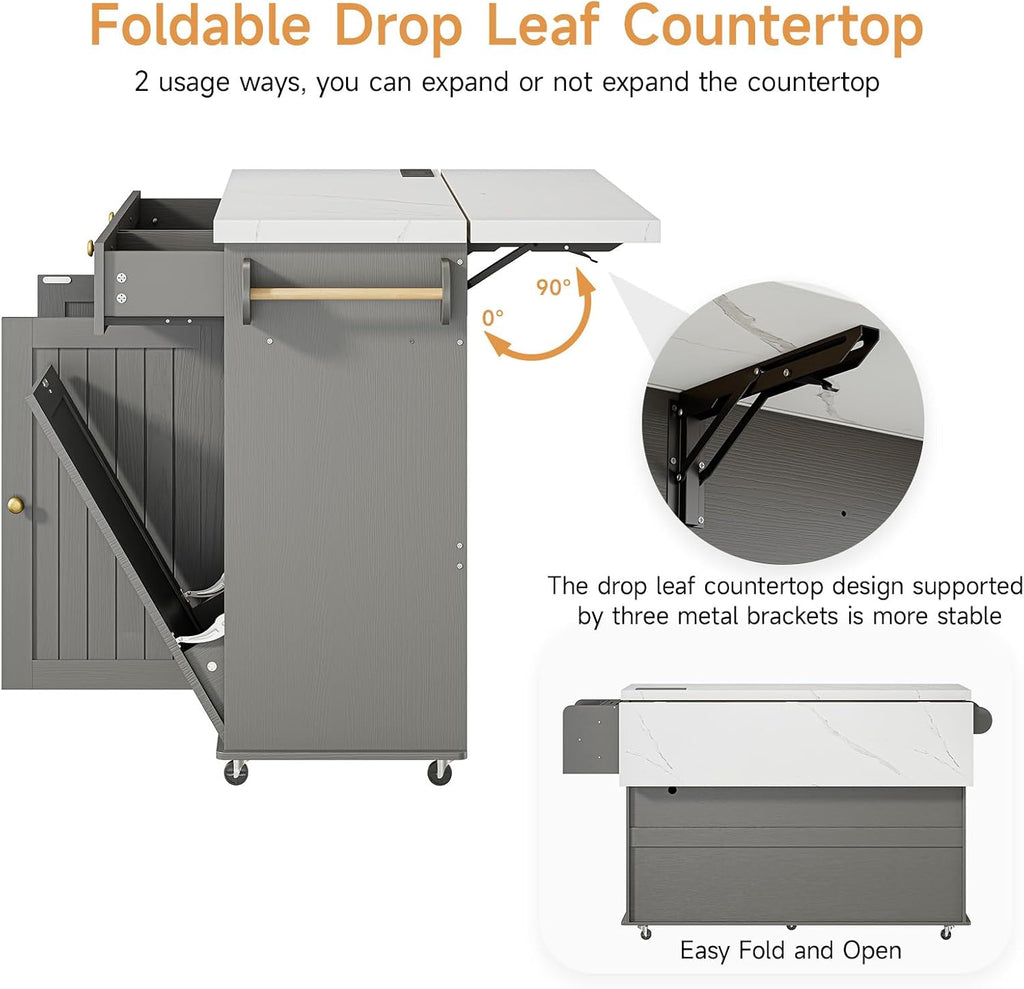 ONBRILL 60" Kitchen Island with Power Outlet & Drop Leaf, Rolling Island with Spice Rack & Towel Rack, Kitchen Island Cart with Trash Storage Cabinet, Island Table for Kitchen, Grey+Imitation Marble