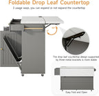ONBRILL 60" Kitchen Island with Power Outlet & Drop Leaf, Rolling Island with Spice Rack & Towel Rack, Kitchen Island Cart with Trash Storage Cabinet, Island Table for Kitchen, Grey+Imitation Marble