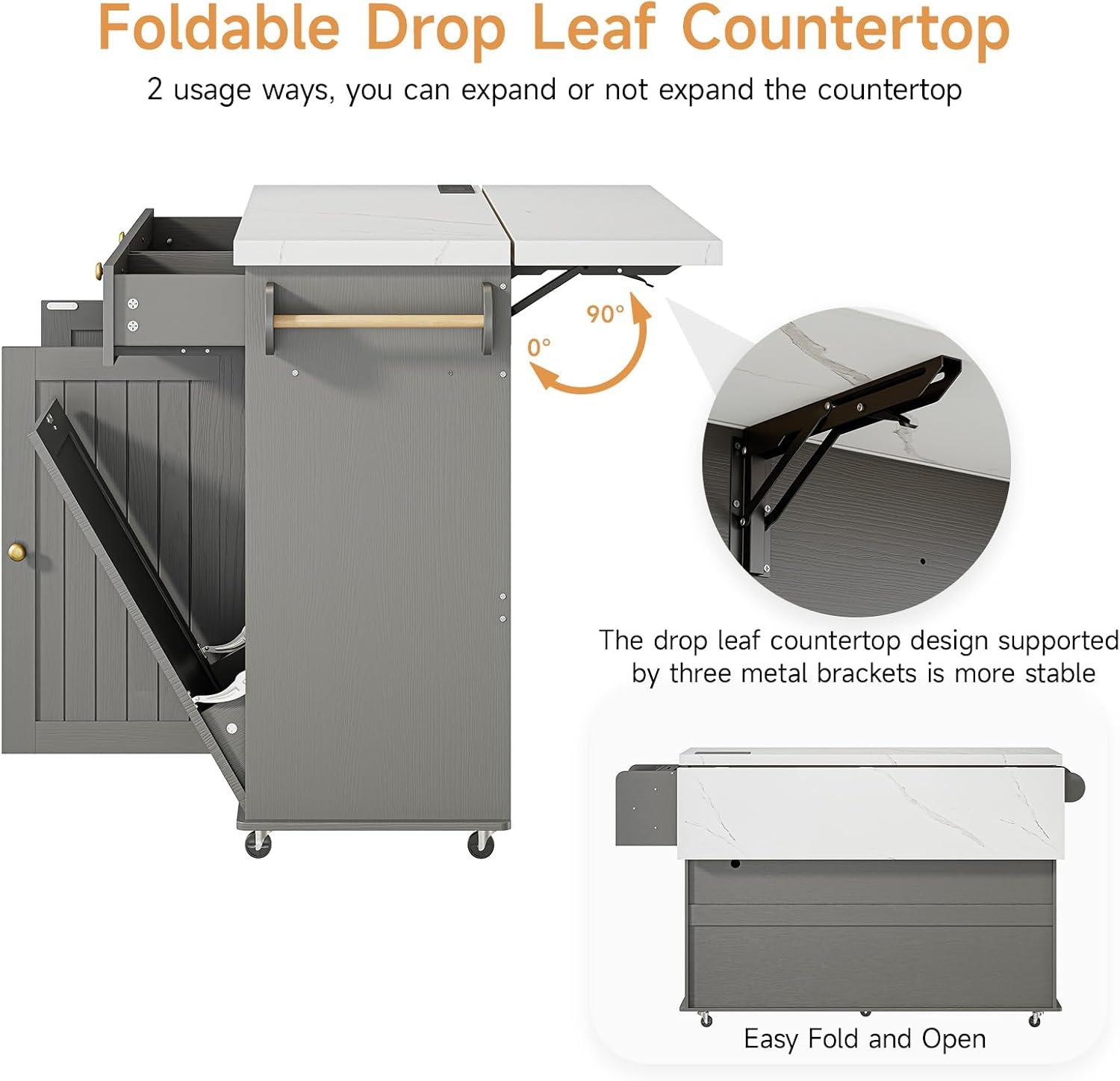 ONBRILL 60" Kitchen Island with Power Outlet & Drop Leaf, Rolling Island with Spice Rack & Towel Rack, Kitchen Island Cart with Trash Storage Cabinet, Island Table for Kitchen, Grey+Imitation Marble