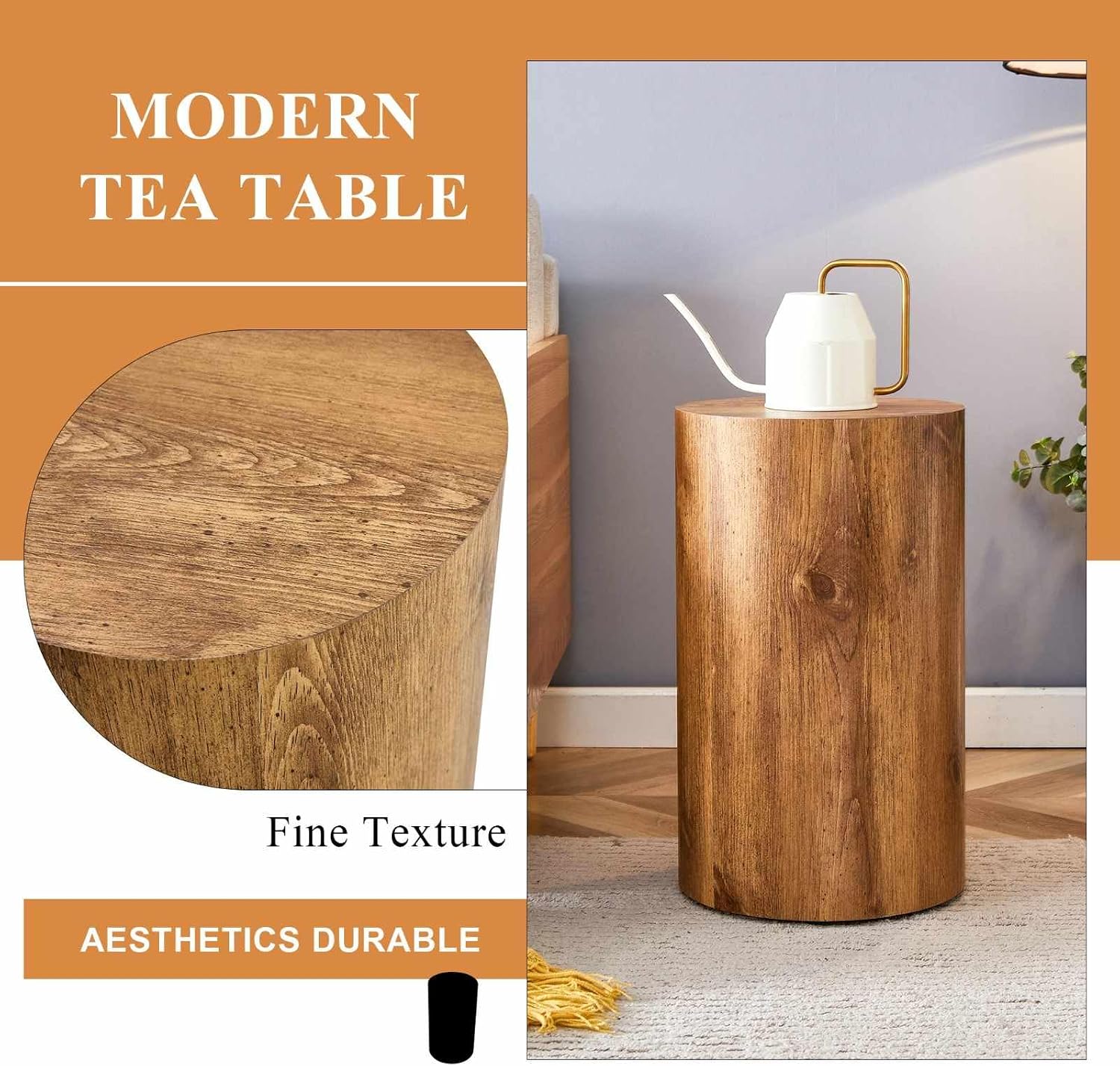 Round Side Table with Imitation Wood Grain, 12" Diameter x 19.7" Height, Modern Cylindrical Design, Sturdy Base with Anti-Slip Feet, Perfect for Living Room, Bedroom, or Office, Wood