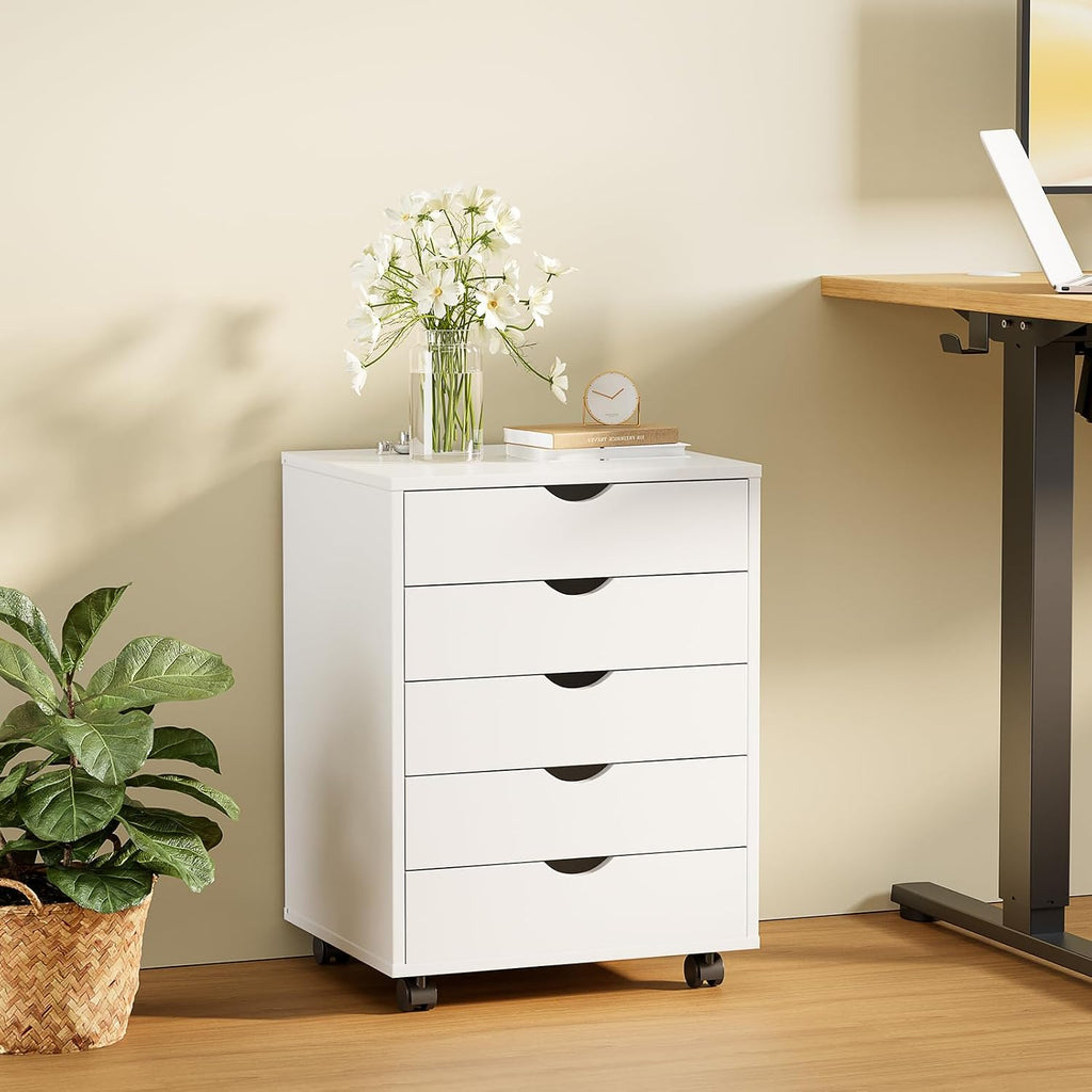 Sweetcrispy 5 Drawer Wooden Dresser, Storage Cabinets, Room Organization | Mobile Rolling Wheels, Vertical Organizer Chest, Home Office Bedroom Furniture, White Wood