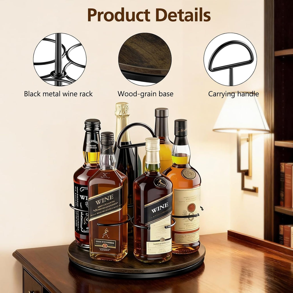 360° Rotating Wine and Coffe Syrup Bottle Rack, 6-Bottle Countertop Organizer with Non-Slip Base, Space-Saving Liquor and Syrup Bottle Display Shelves for Home Bar and Kitchen