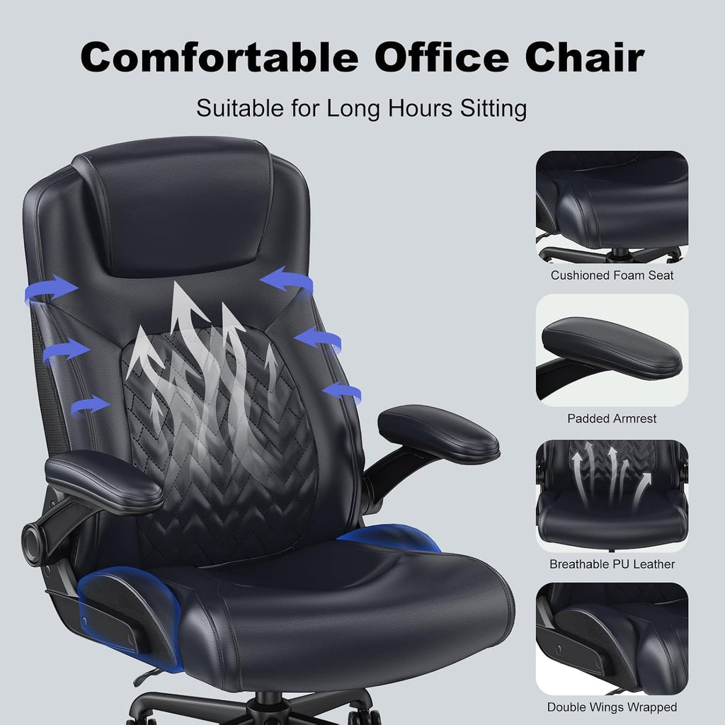 Ergonomic Executive Office Chair for Big & Tall - 500lbs Capacity with Lumbar Support & Flip-Up Armrests, Heavy Duty PU Leather Computer Desk Chair, Black