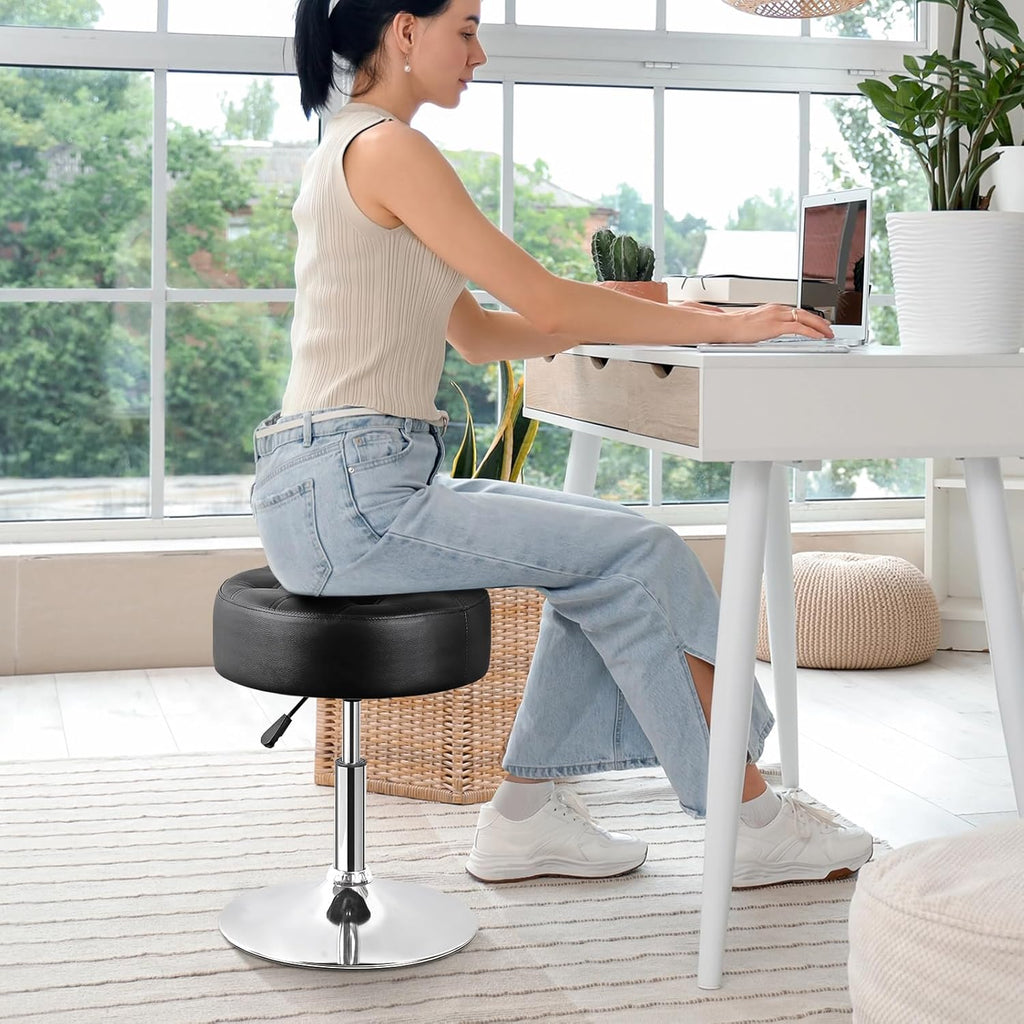 LEMY Adjustable Vanity Stool with 360° Swivel,Hydraulic Lift Round Makeup Chair Ottoman with Stable Base for Home Beauty Studio,Bedroom and Bathroom,Black