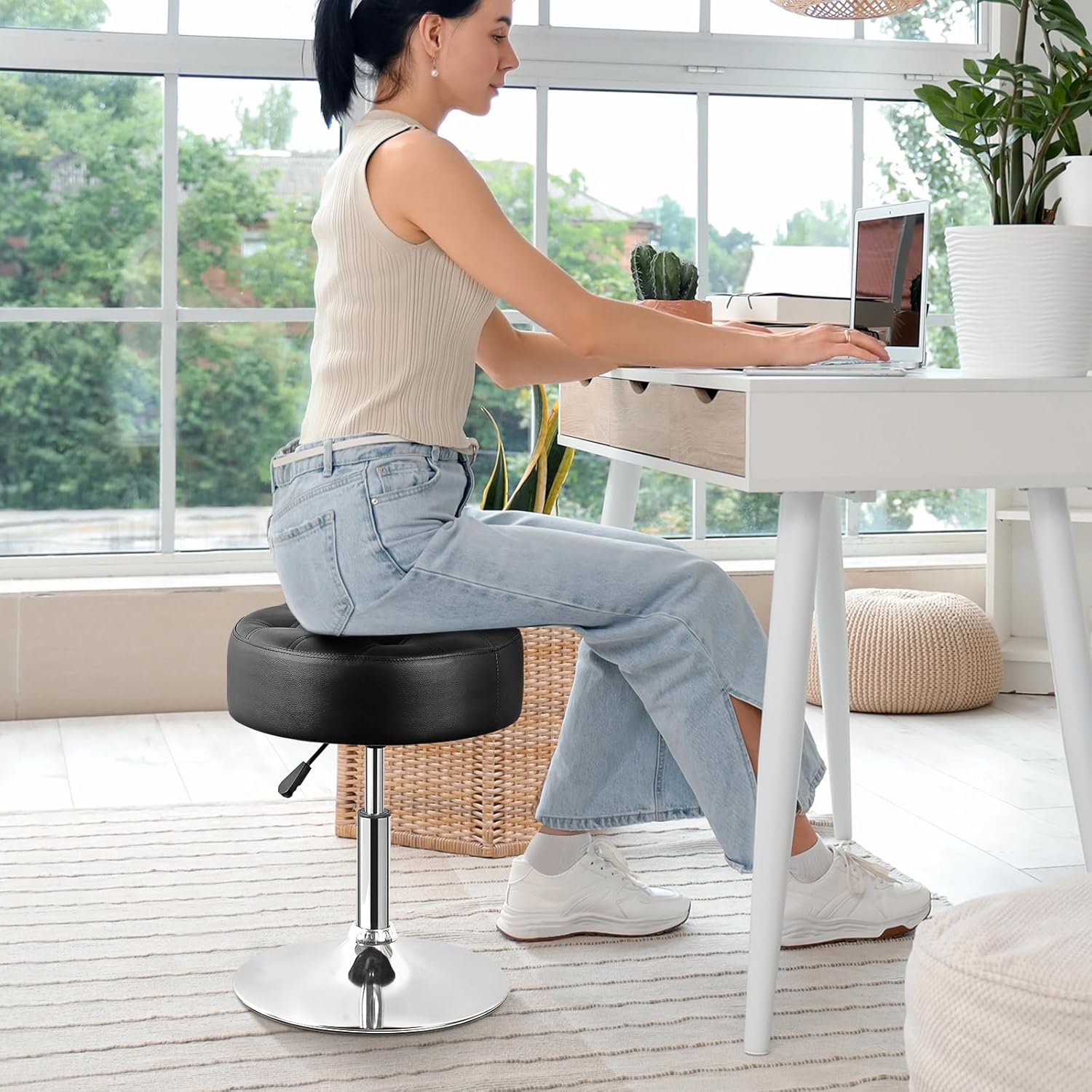 Nova Microdermabrasion Vanity Chair Stool Modern Tufted Round Ottoman Stool Swivel Makeup Chair for Bathroom Bedroom Living Room (Black)