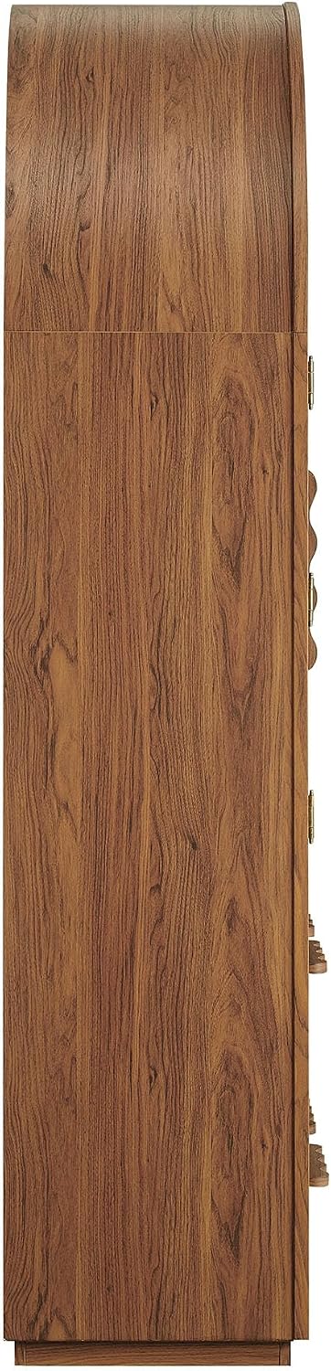 Modway Rory 76 Inch Arched Kitchen Pantry Cabinet with Glass Doors in Walnut - Vintage Retro Accent Display Stand for Dining Room, Living Room, Hallway