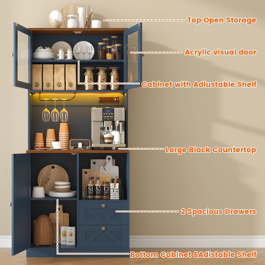71" Tall Coffee Bar Cabinet with Storage Hutch, Farmhouse Kitchen Pantry Cabinet with LED Lights Microwave Stand and Glass Holder for Home Dining Room Kitchen (Blue)