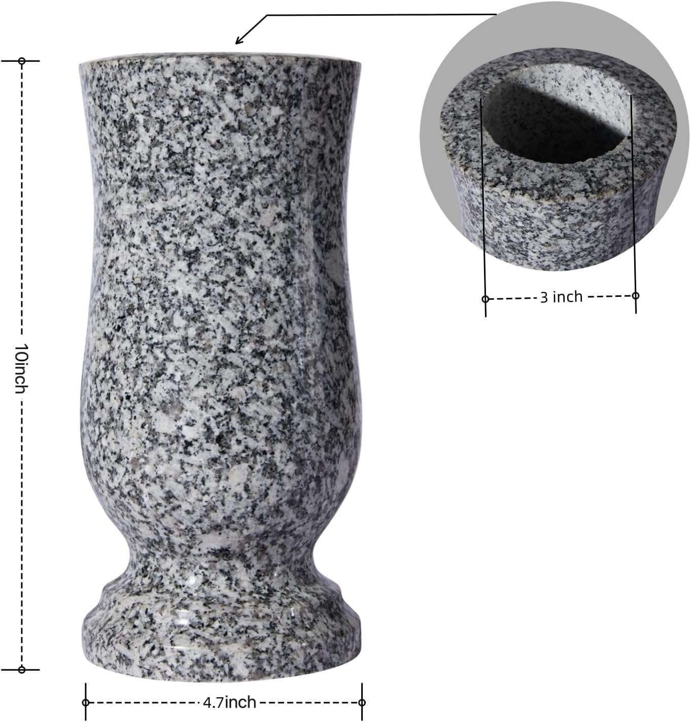 Granite Cemetery Vase for Grave Heavy 9.2 Lbs Windproof 3 Inch Opening | Natural Stone for cemetery and memorial gardens. Wide 4.7 inch and 10 inch tall. Side drainage hole prevents freeze cracking.