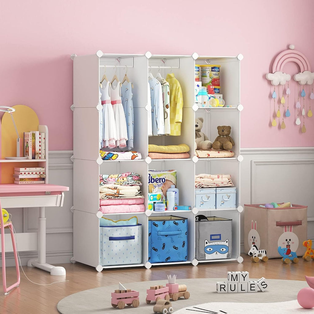 VIPZONE Baby Closet,Dresser, Kids Closet Organizers, Portable Kids Wardrobe for Closet, Bedroom, Nursery, Cubby, Cabinet, Clothes, Dress, Baby Storage Shelf, Armoire Clothes Hanging (12 Cube, White)