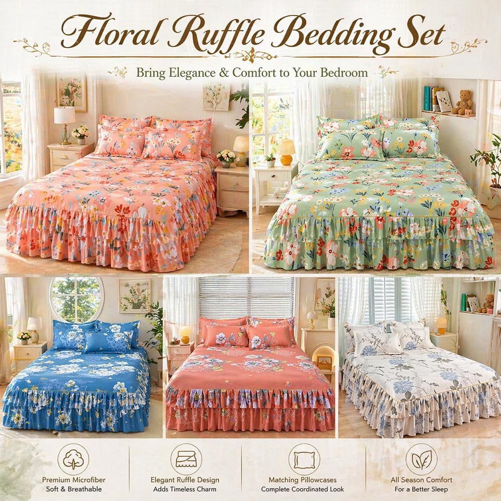 3-Piece Ruffled Bed Skirt Set with Floral Print, Elegant Soft Microfiber Bedding Sheet Double Layer Ruffles Set with 1 Bed Skirt 2 Pillowcases Bedroom Decor for Various Bed Types (Pink,60 * 80in)