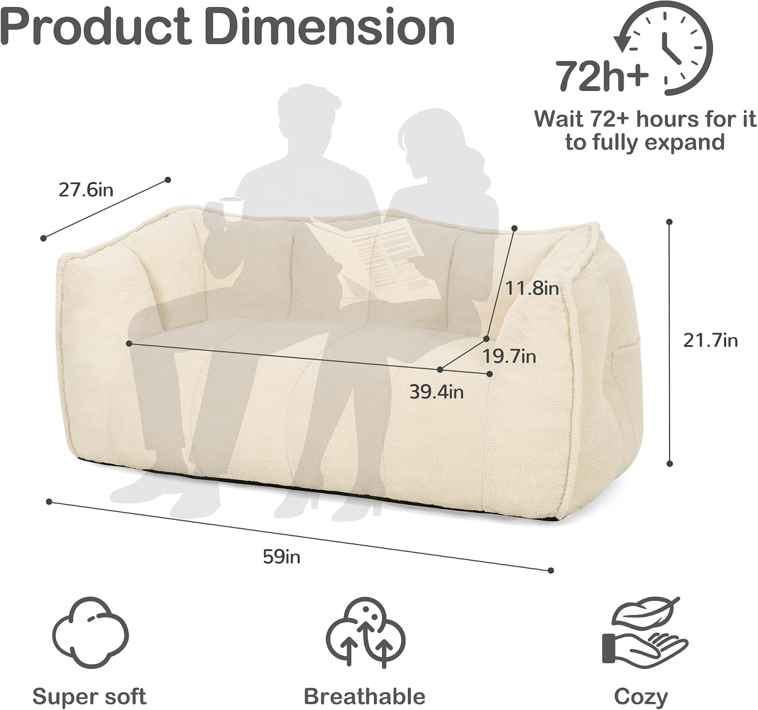 Pamapic 59" Teddy Fabric Bean Bag Chair, 2 Seat Loveseat Sofa,Teddy Fabric Sofa Bed for Adults,Fit Living Room, Bedroom,Outdoor Spaces,Fluffy Comfort Washable Cover,72h Rebound,White