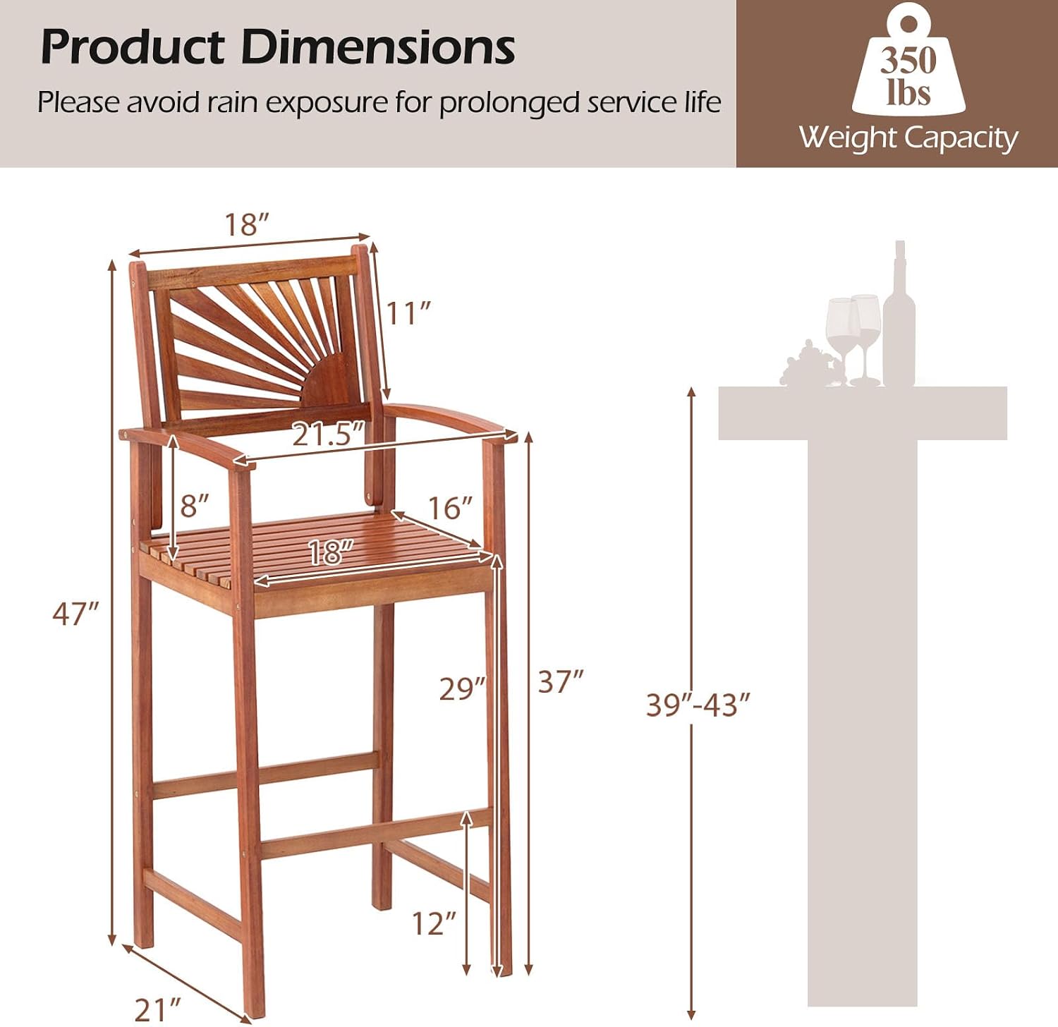 COSTWAY Outdoor Bar Chairs Set of 2, 29'' Tall Acacia Wood Barstools with Back Support, Armrest and Footrest, Patio High Top Chairs for Backyard, Poolside, Deck, Garden