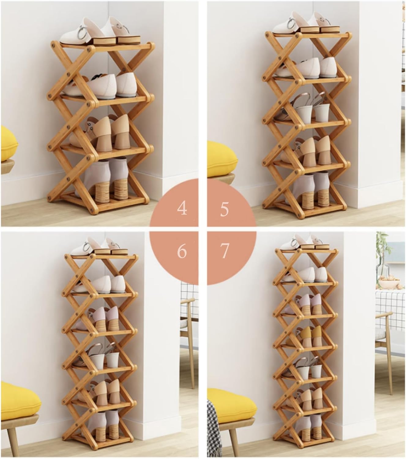 7 Tier Foldable Shoe Rack, Bamboo Vertical Shoe Organizer Tall for Multifunctional Narrow Shoe Shelf for Entryway, Closet, Corner, Bedroom, Hallway(Natural)
