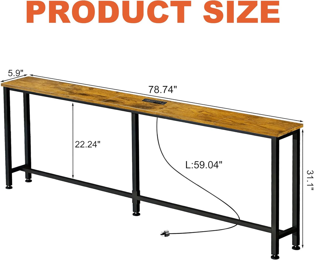 78" Narrow Sofa Table with Outlet (2 AC Outlets & 2 USB Ports), Behind Couch Table with Charging Station, Long Skinny Console Table for Living Room, Entryway and Hallway (Rustic Brown)