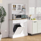 Pantry Storage Cabinet with Charging Station, 2 Tilt Out Trash Cabinets and Microwave Stand, 68" Kitchen Freestanding Kitchen Hutch with Glass Doors and Adjustable Shelf