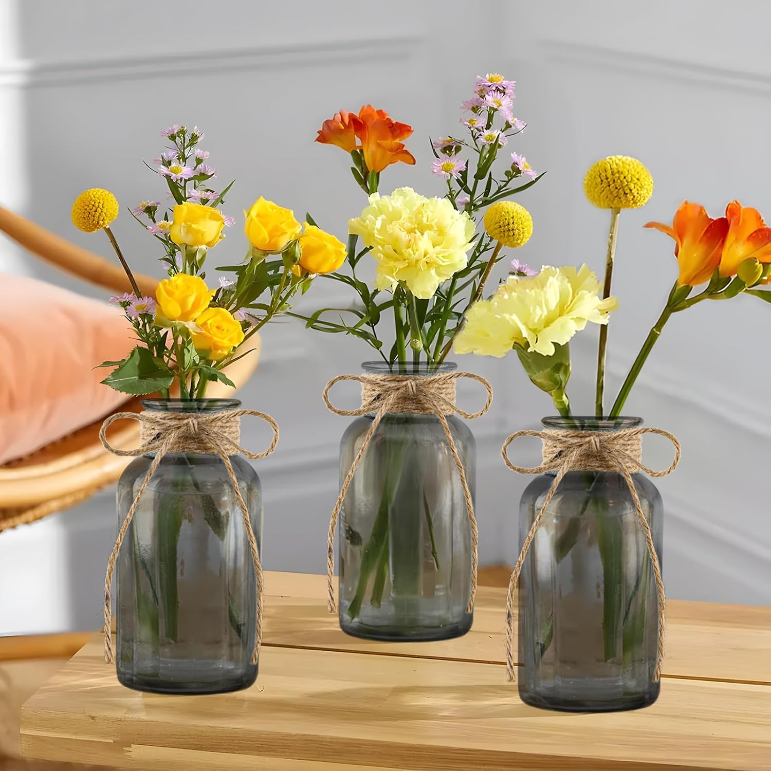 Vintage Glass Vases for Flowers, Set of 6 Grey Vases for Farmhouse Wedding Centerpiece Cylinder Bottle for Reception Table Decoration Home Decor Floral Arrangements
