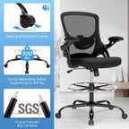 Drafting Chair Ergonomic Comuputer Standing Desk Chair with Flip-Up Arms and Lumbar Support, Tall Office Chair with Adjustable Footrest, Stool Counter Height Office Chairs Black