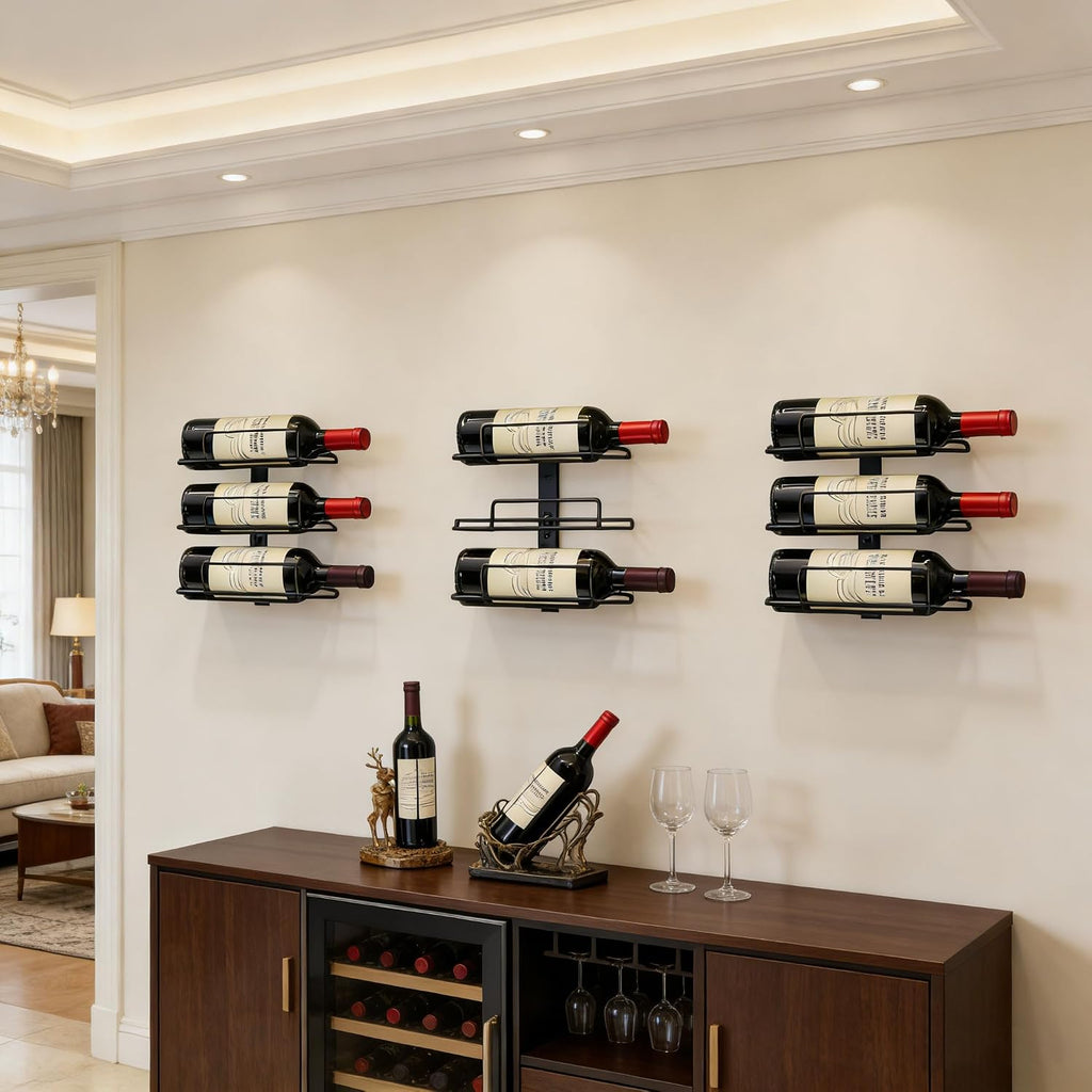 Wall Mount Wine Rack – 9 Bottles – Black Metal Wine Bottle Holder for Wall, Wine Rack Display for Home Bar, Kitchen